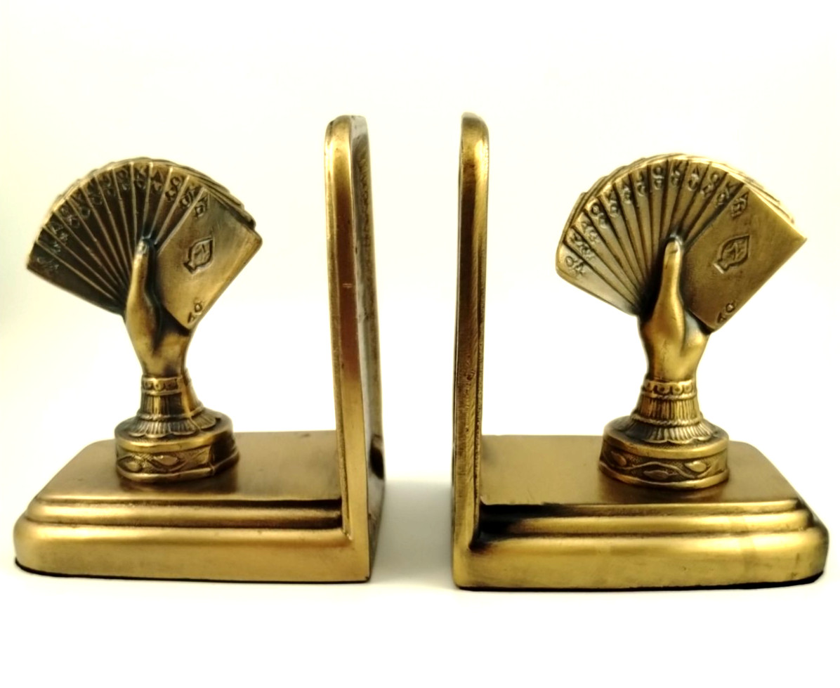 vtg~SARSAPARILLA DECO DESIGN~Hand of Cards~Bookends~RARE~1991~Metal Brass Finish