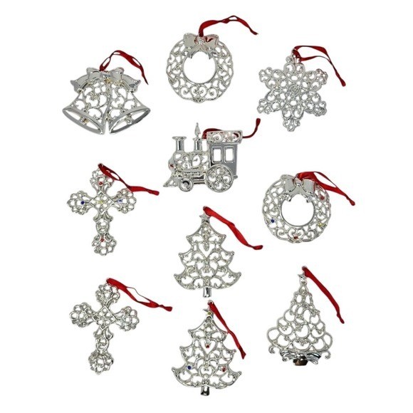 Lenox Sparkle Scroll Holiday Christmas Ornaments Silvertone Crystals Lot of 10