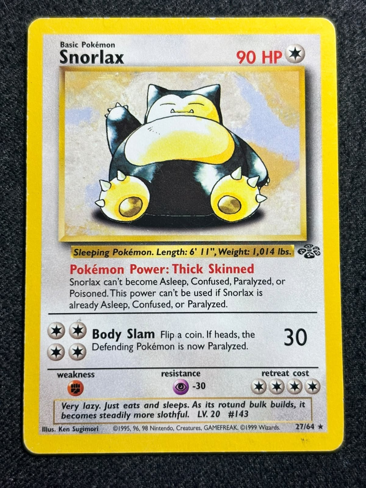 Snorlax 27/64 Pokemon Card 1999 Jungle Set WOTC Vintage Non Holo Rare MP Snorlax 27/64 Pokemon Card 1999 Jungle Set WOTC Vintage Non Holo Rare MP