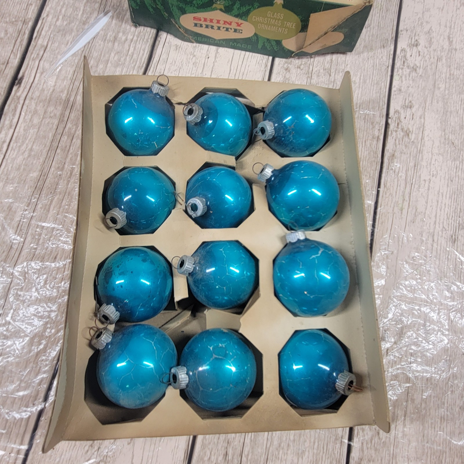 Vintage Shiny Brite Blue Glass Christmas Ornaments 12 USA Box Heavy Wear
