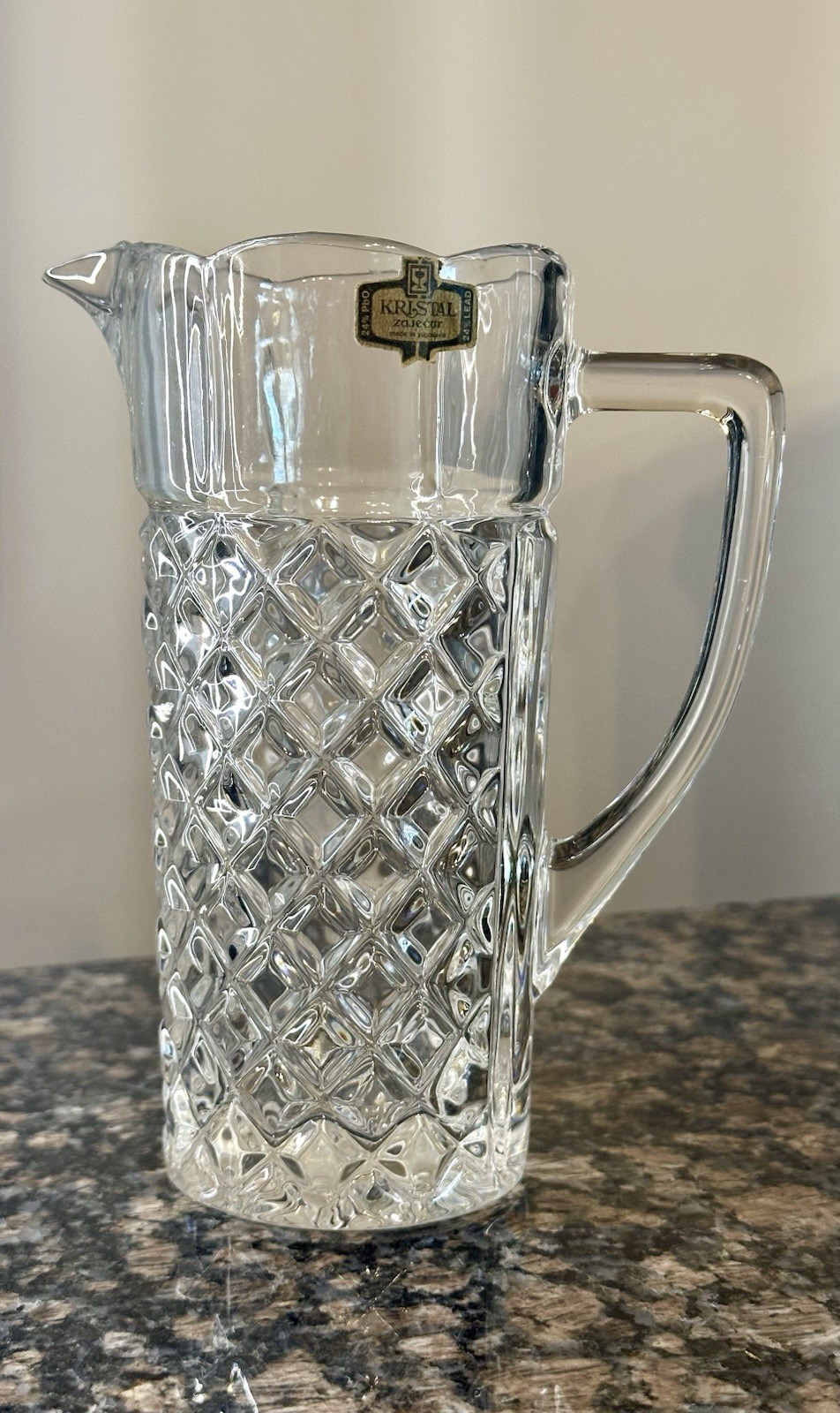 Vintage-MCM Kristal Zaječar Lead Crystal Diamond Cut Pattern Pitcher-Collectible