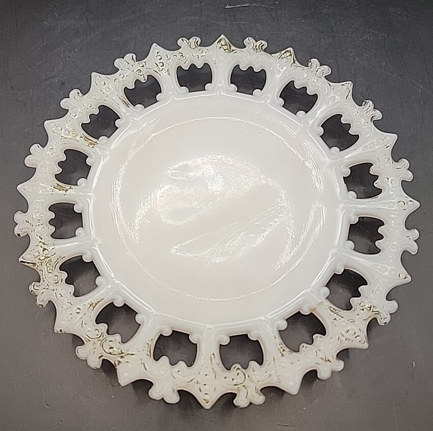 Vintage Milk Glass Lace Edge Round Plate Dish Decorative Dots on Rim