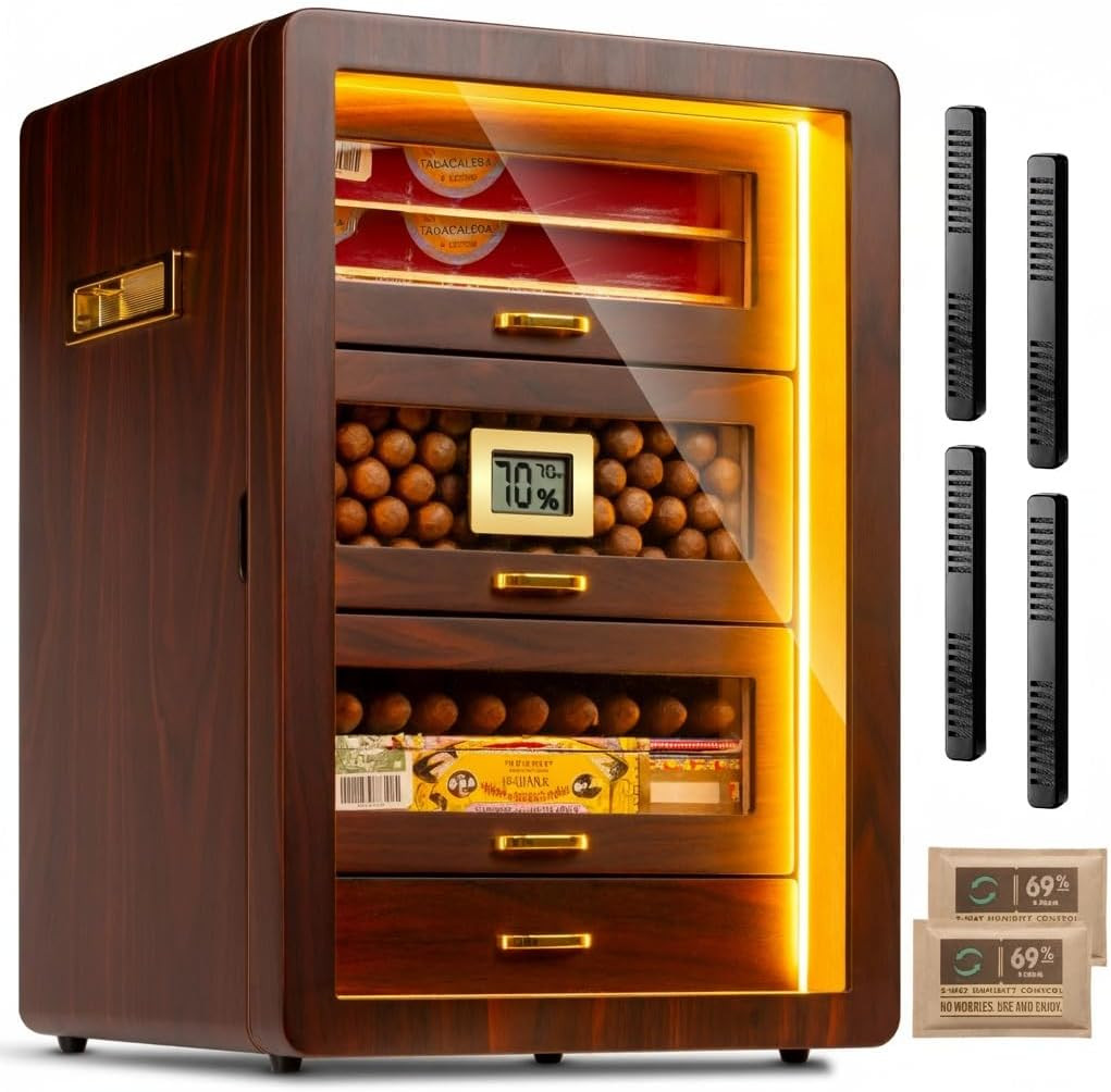 Ebony Cigar Humidor Cabinet with Digital Hygrometer and LED Lighting
