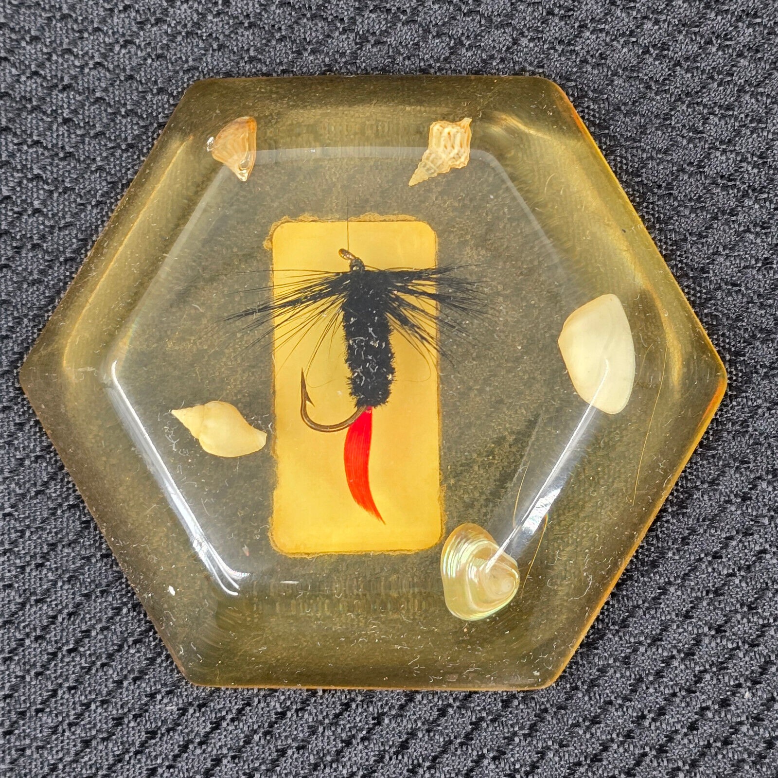 VTG Olde Village Originals Lucite Paperweight with Fly Fishing Lure