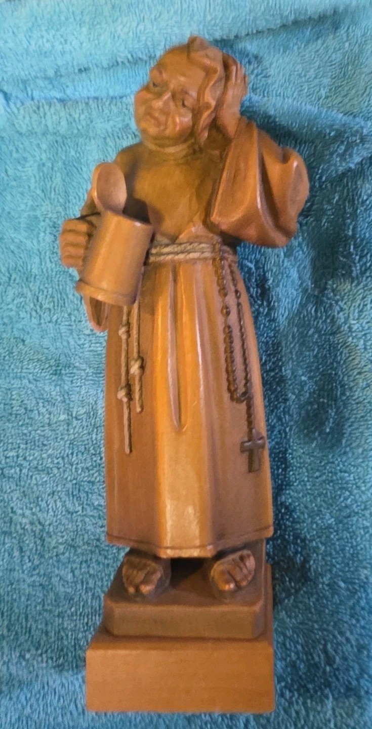 ANTIQUE HAND CARVED WOOD MONK FRIAR ABBOT WINE BOTTLE STATUE SCULPTURE GIFT