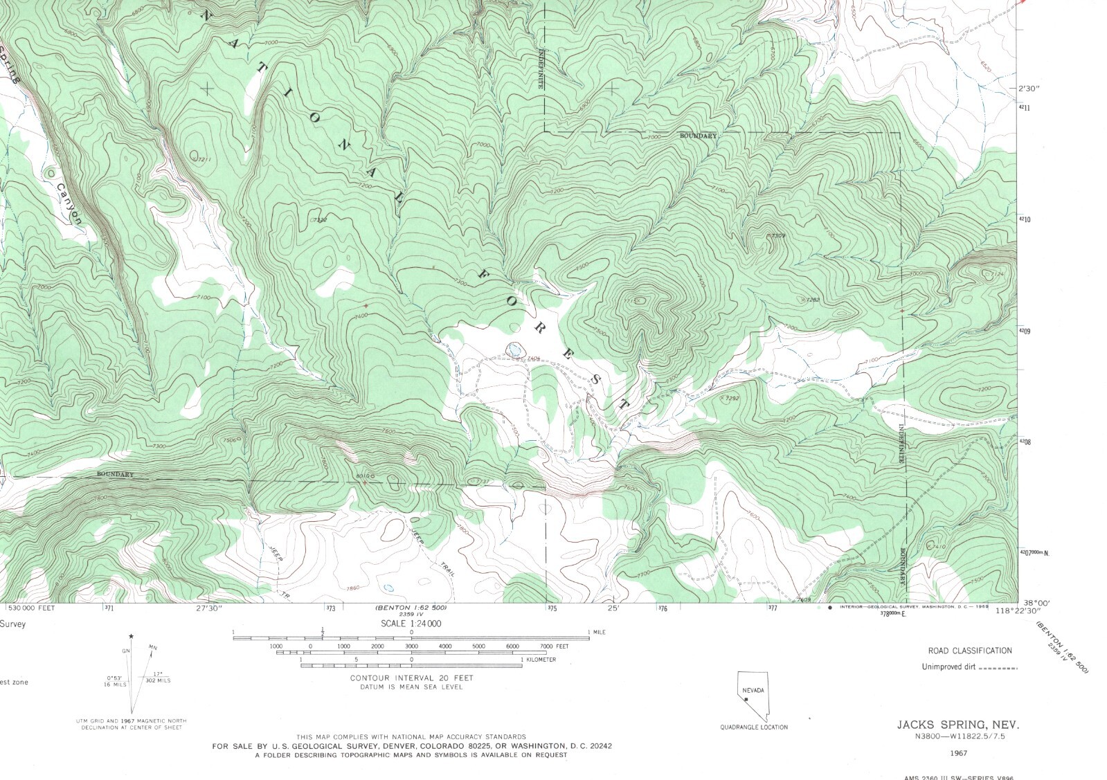 Jacks Spring, Nevada 1967 Vintage USGS Topo Map 7.5 Quadrangle - Shaded