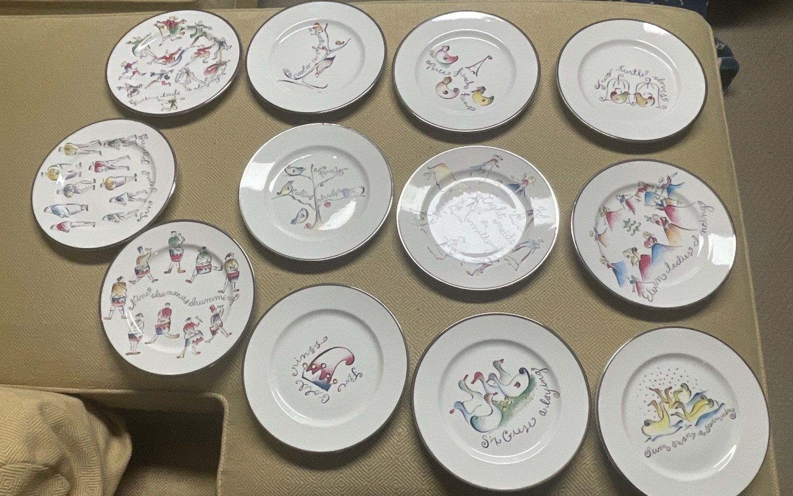 Rosanna “ Twelve Days Of Christmas “  12 Salad Plates Complete Italy Silver Rim