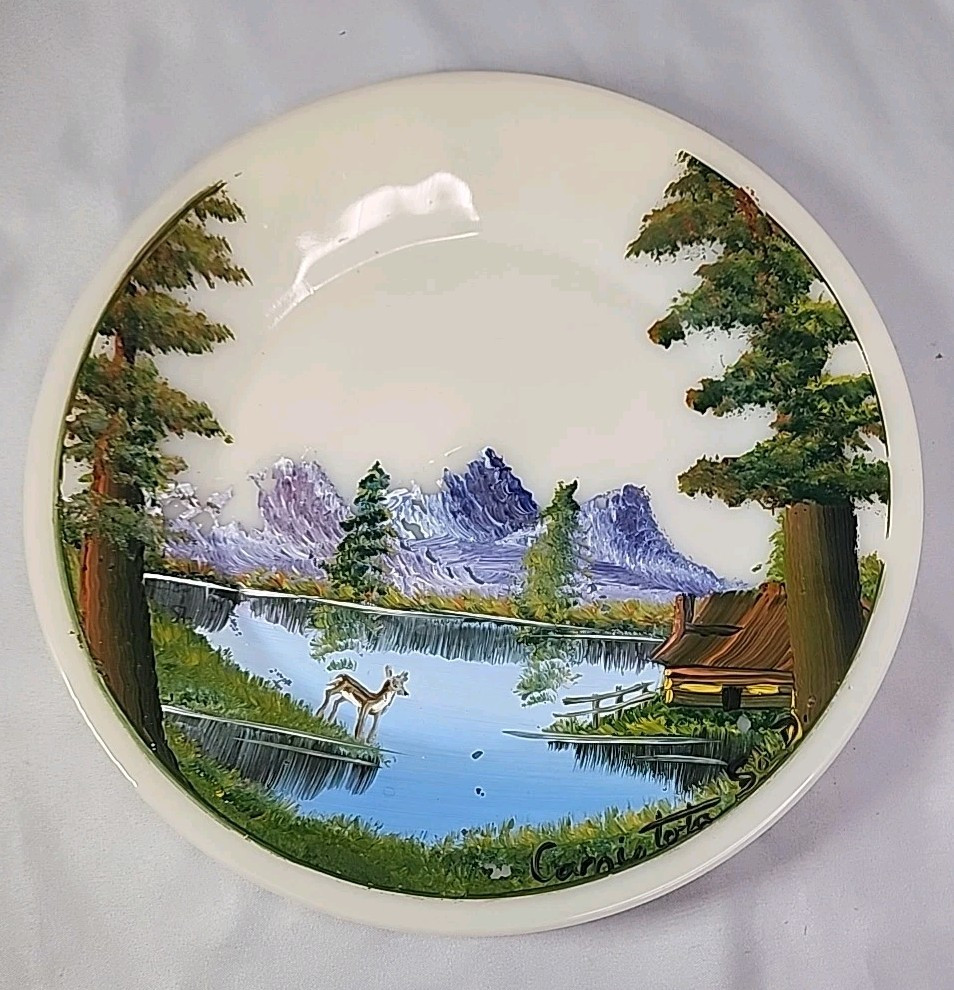 Vintage Handpainted Deer Cabin Lake Mountains Scene Fire King Plate Signed