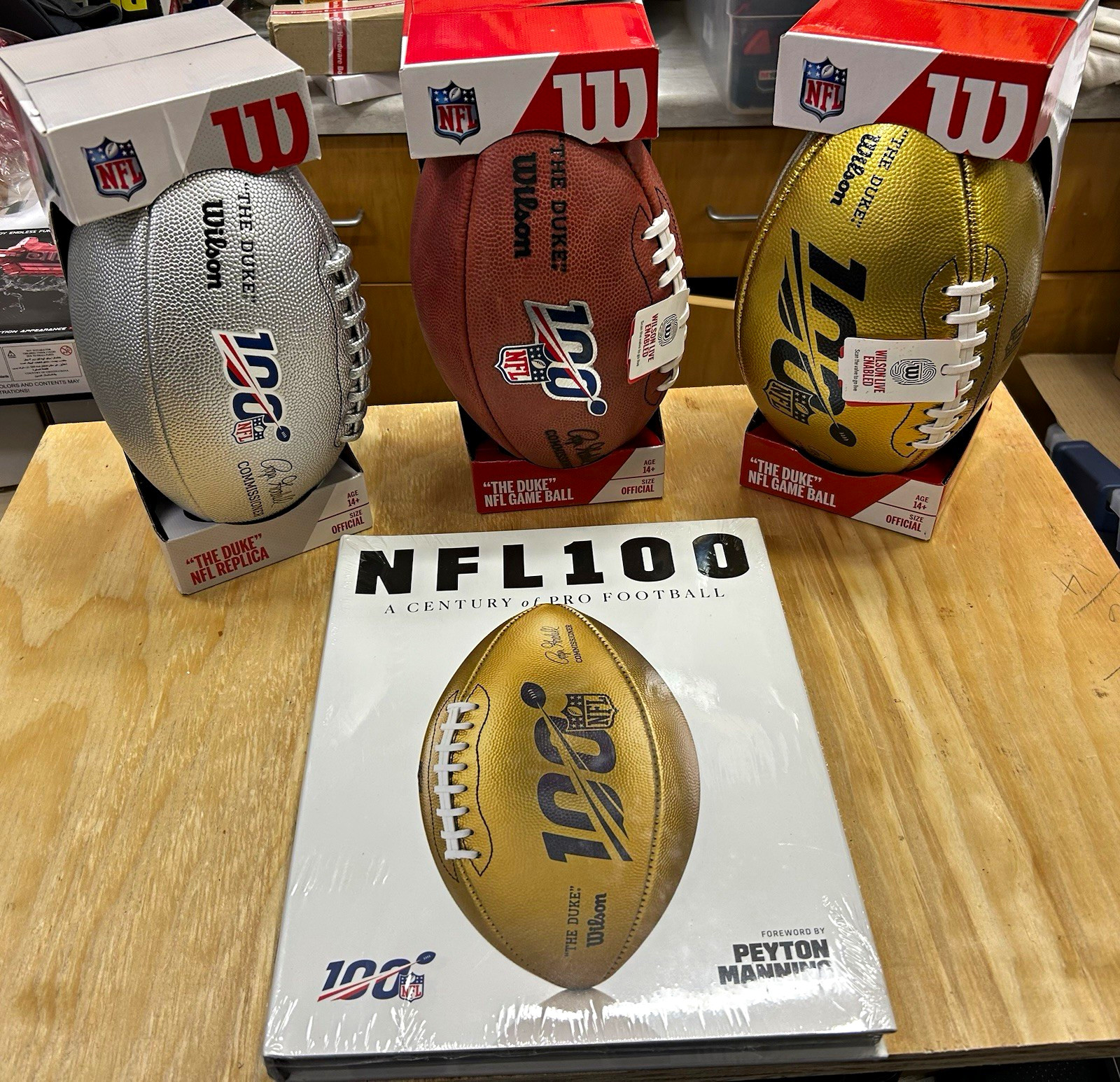 NFL100: A Century of Pro Football Book, Gold & Brown Game Balls, Silver Replica