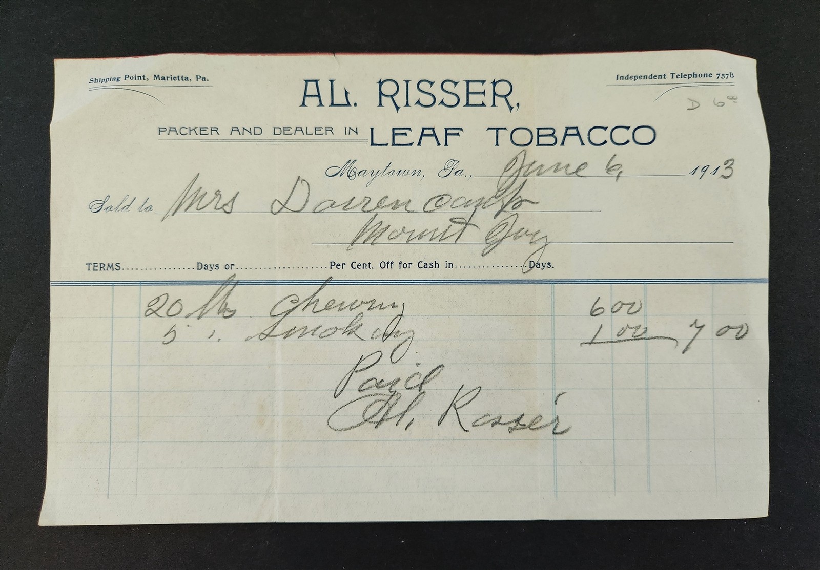1913 antique AL RISSER maytown pa LEAF TOBACCO BILLHEAD receipt