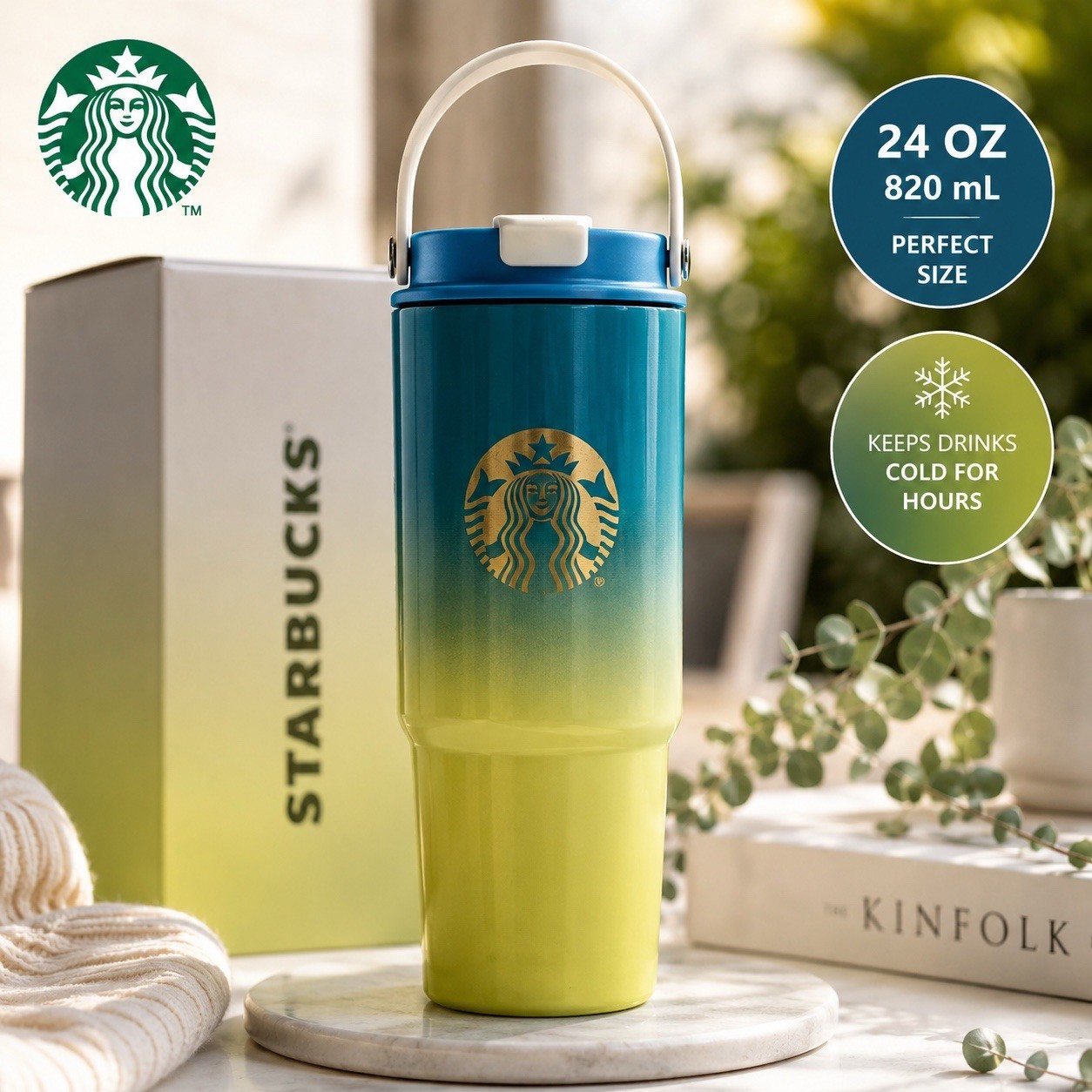 Starbucks 820mL 27.7 oz Stainless Steel Tumbler Blue Yellow Gradient Handle