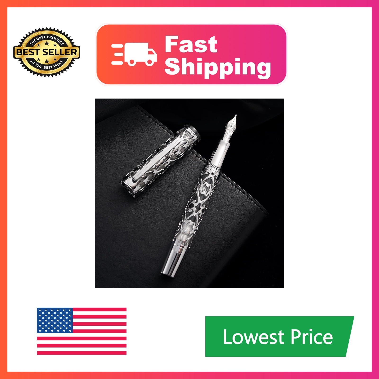 HONG DIAN Piston Fountain Pen Fine Silver