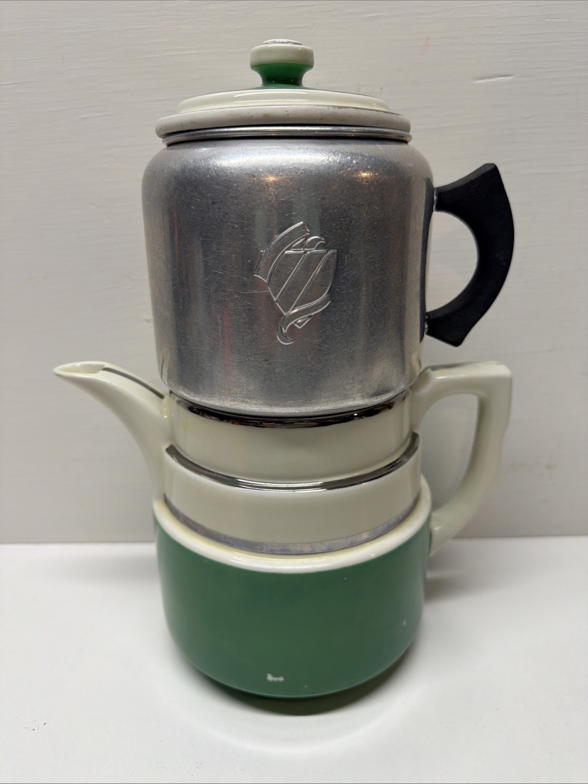 Vintage Aluminum and Green Porcelain Coffee Drip O Lator