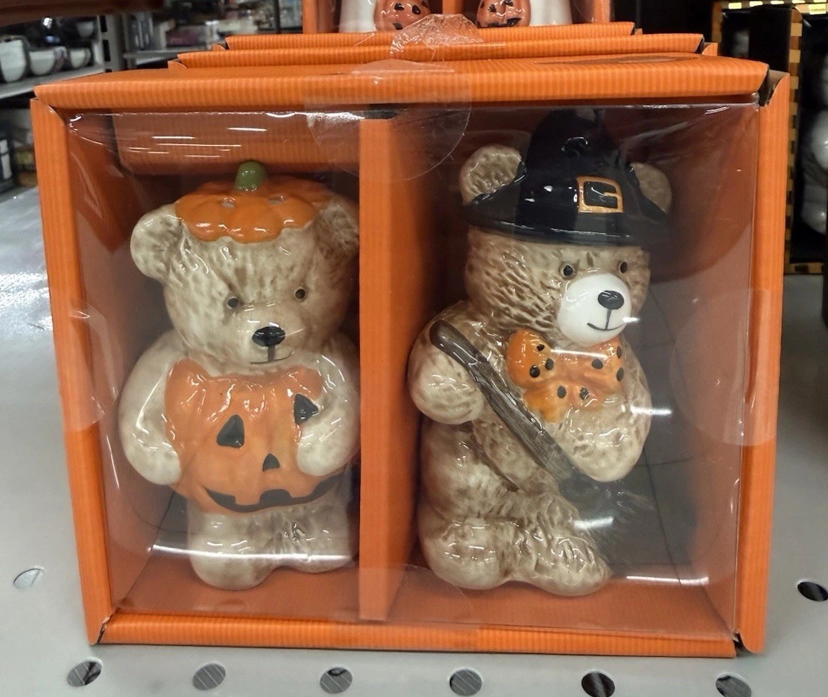 Creepy Critters Halloween Pumpkin & Witch Teddy Bear Salt Pepper Shakers Set