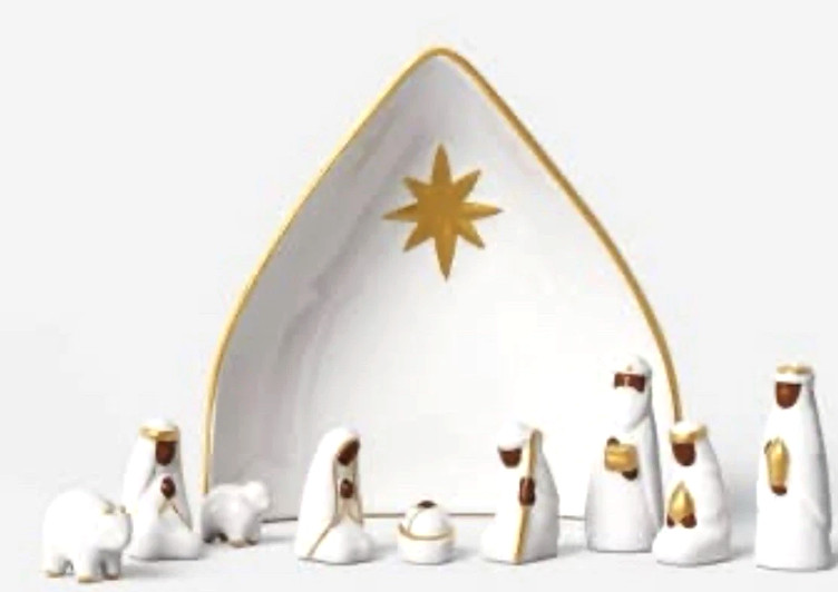 Threshold Ceramic Hand Painted Nativity White Gold Set 10 Piece New Threshold Ceramic Hand Painted Nativity White Gold Set 10 Piece New