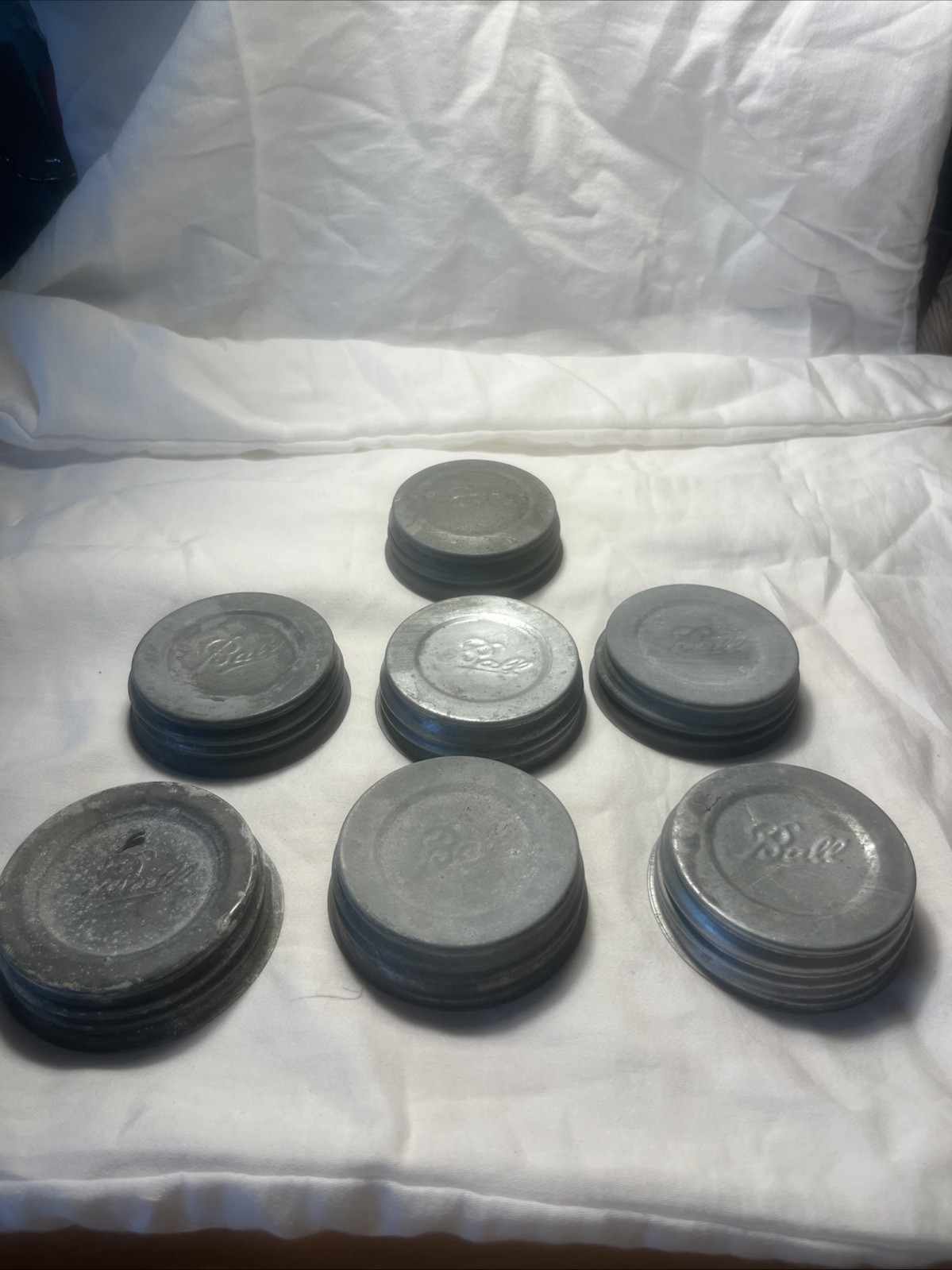 Lot of 7Vintage Zinc Ball Mason Jar Lids With Milk Glass Inserts -