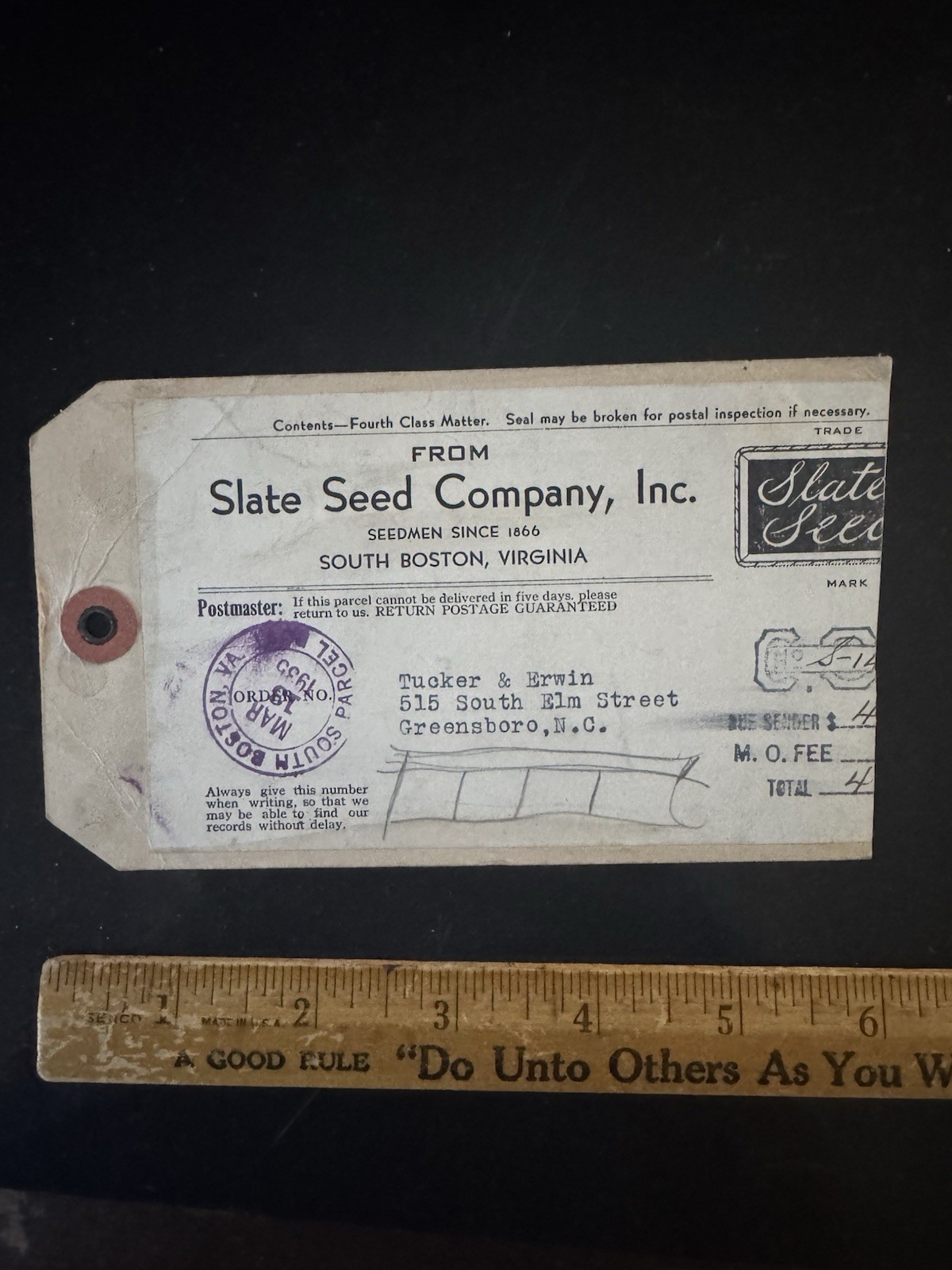 1935 Slate Seed Co South Boston VA Parcel Post Shipping Tag to Greensboro NC