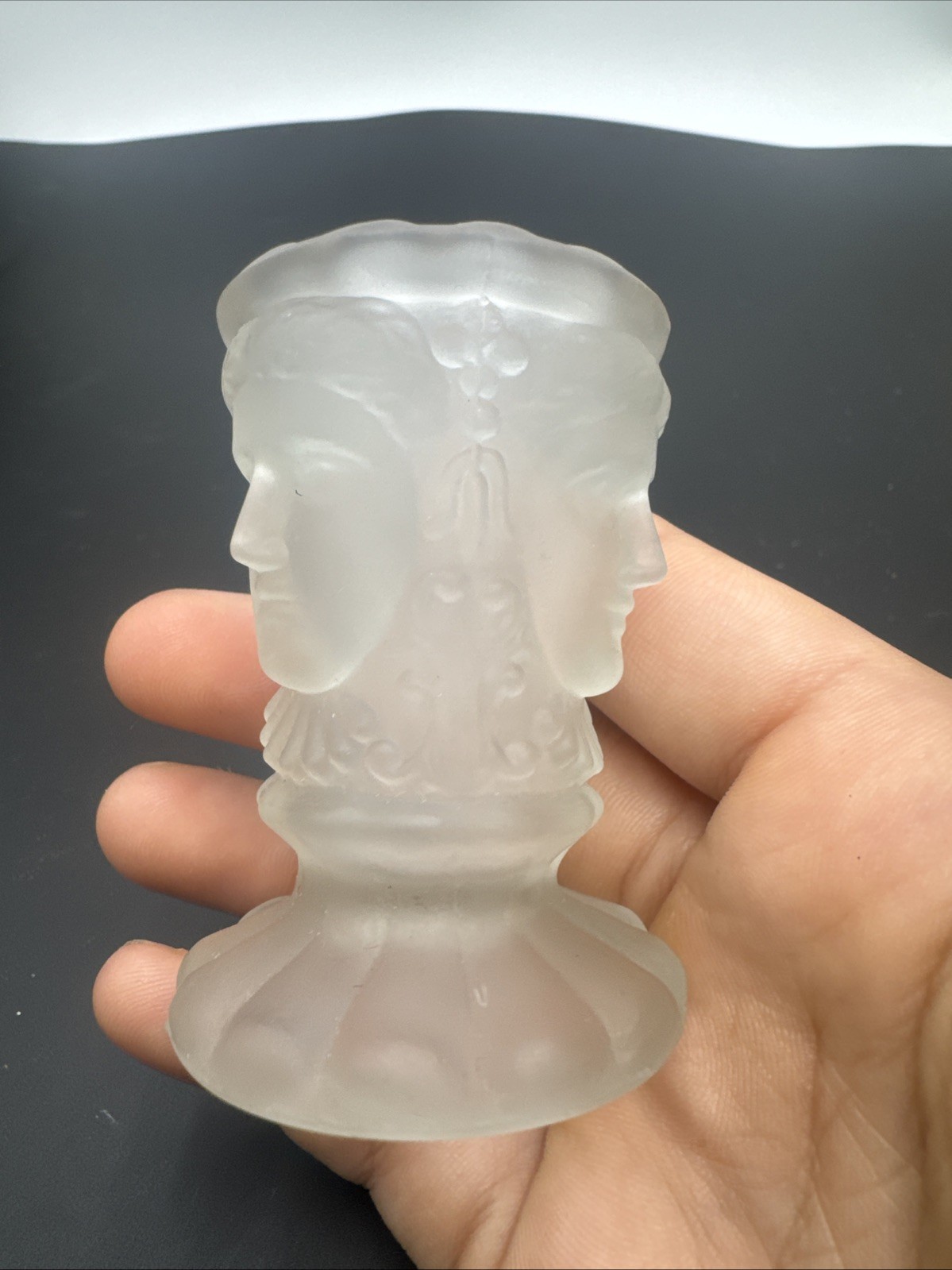 Vintage LG Wright Frosted Glass Three Faces Toothpick Holder Art Deco Shot Glass Vintage LG Wright Frosted Glass Three Faces Toothpick Holder Art Deco Shot Glass