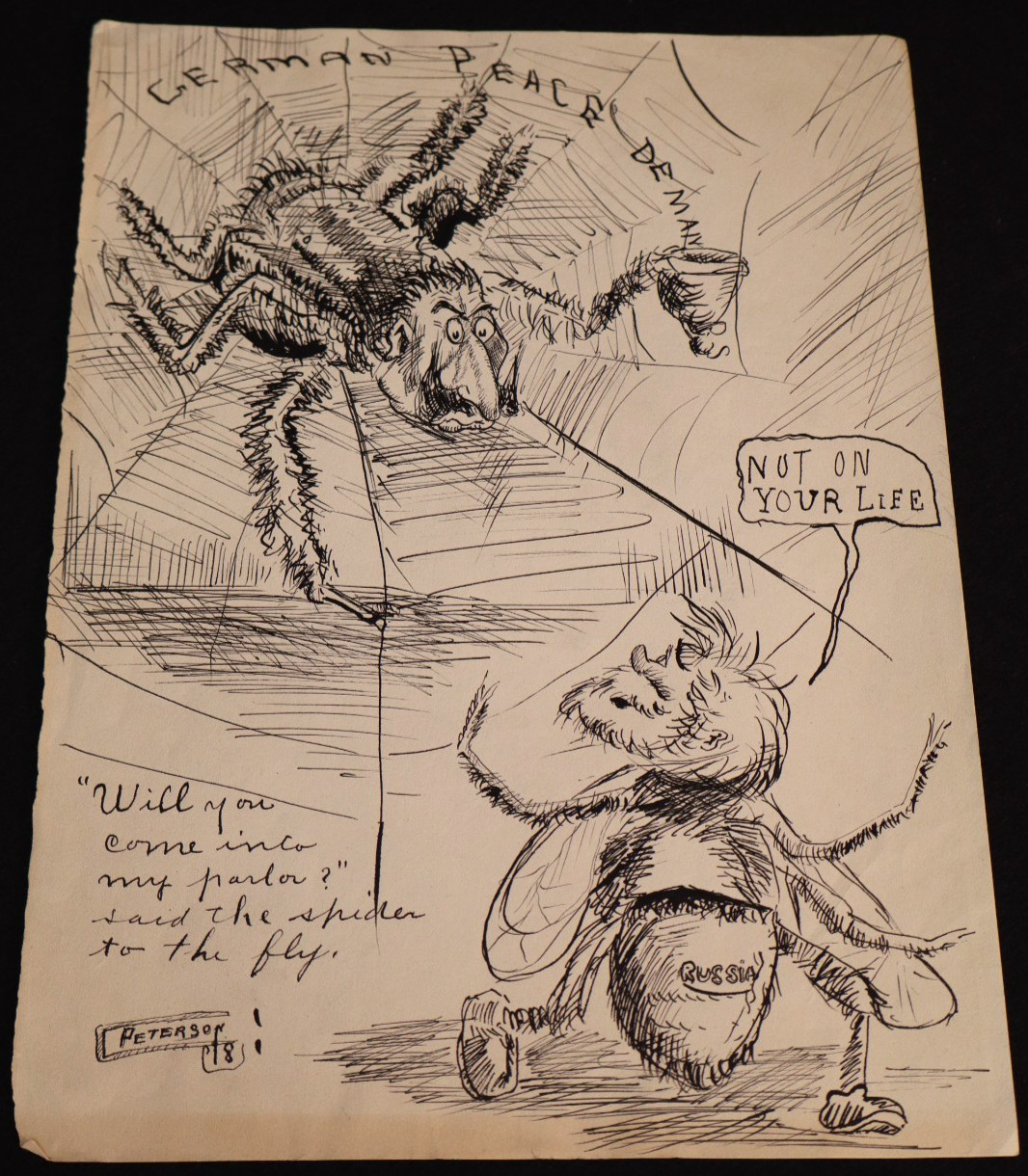 WWI Pen Art Illustration Drawing 'Germany Peace Demands to Russia' Peterson 1918