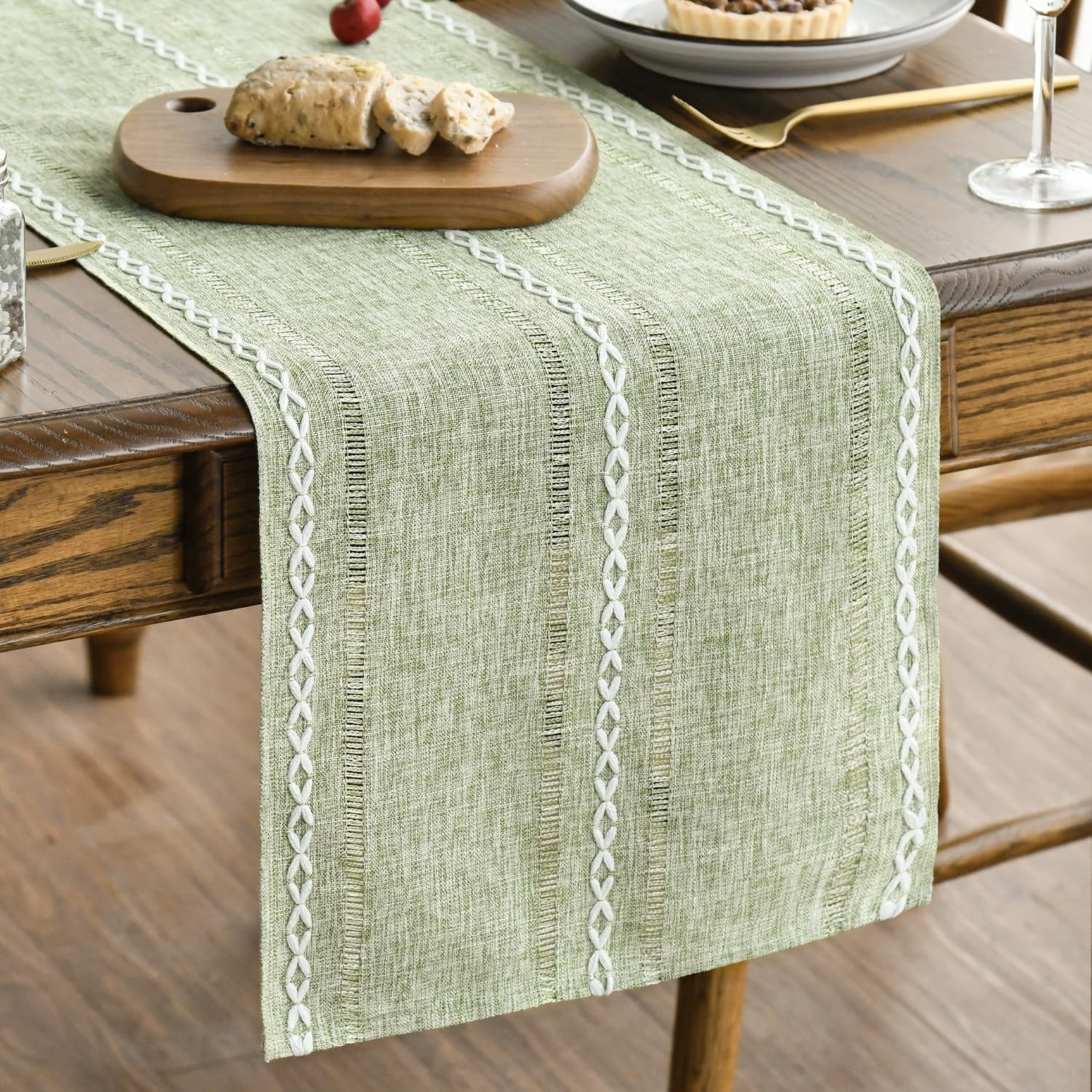 Artoid Mode 13x72 Inch Sage Green Cotton Linen Table Runner Embroidered