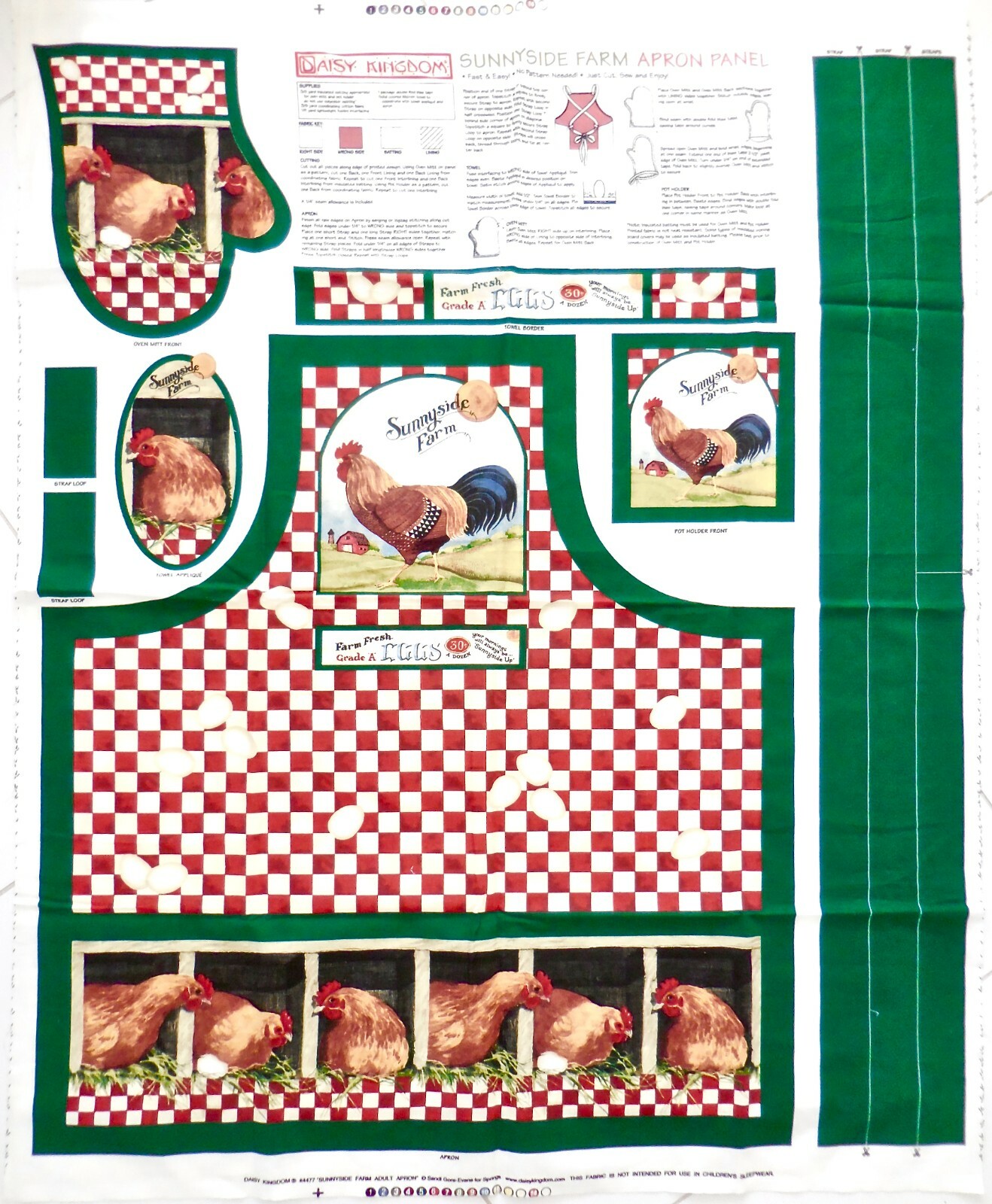 Sunnyside Farms Apron Kit,Make-it-Yourself Apron,Cotton,Roosters,Eggs,Red Check