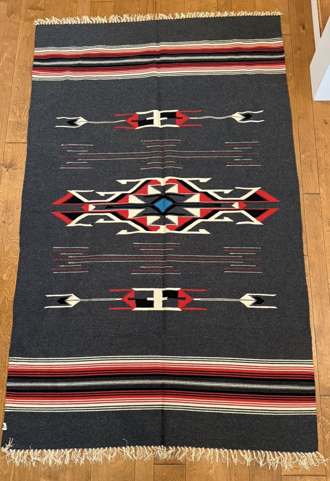 Vintage Handwoven Wool Chimayo Style Rug Blanket 52 x86 Southwestern Thunderbird
