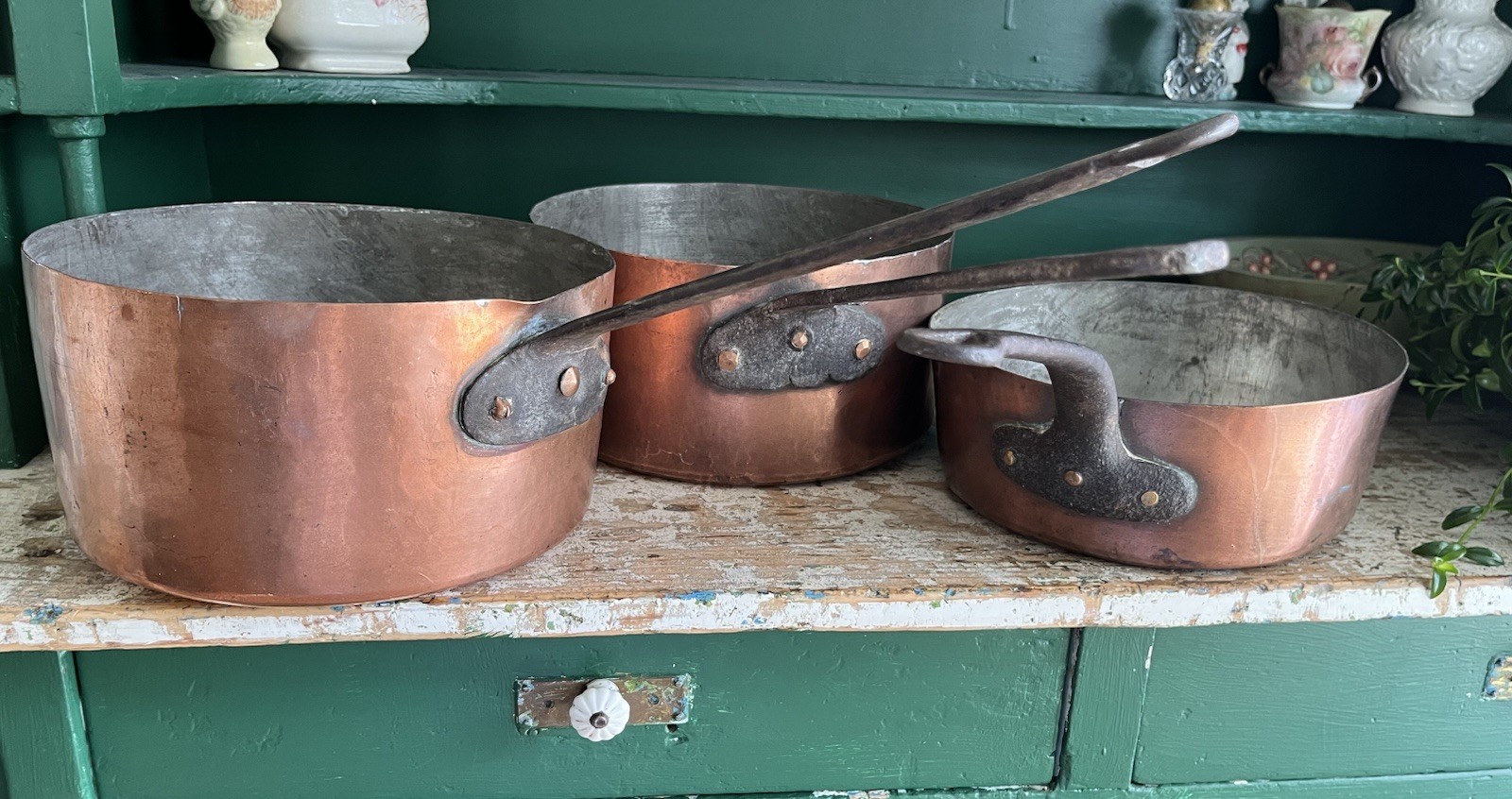 Antique Copper Cooking Pots & Sauce Pan Forged Handles Patina Lot Of 3