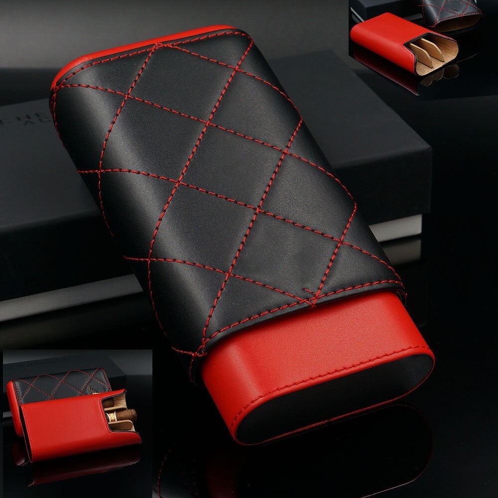 Portable Red Black Leather Cedar Wood 3 Ct Cigar Case Holder Travel Humidor