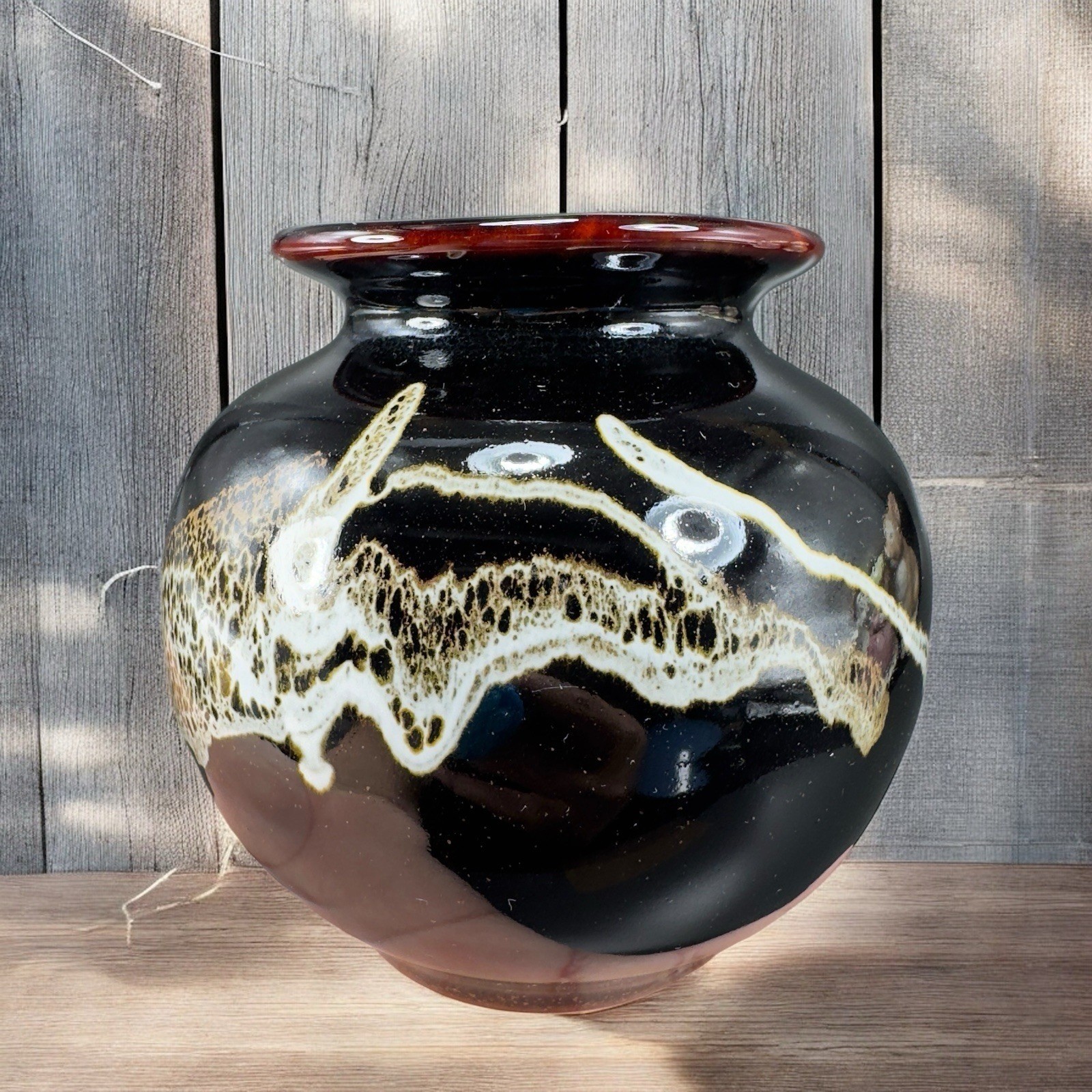 Vintage 1980s Speckled Drip Glaze Pottery Round Bottom Vase Vessel Marked VTG Vintage 1980s Speckled Drip Glaze Pottery Round Bottom Vase Vessel Marked VTG