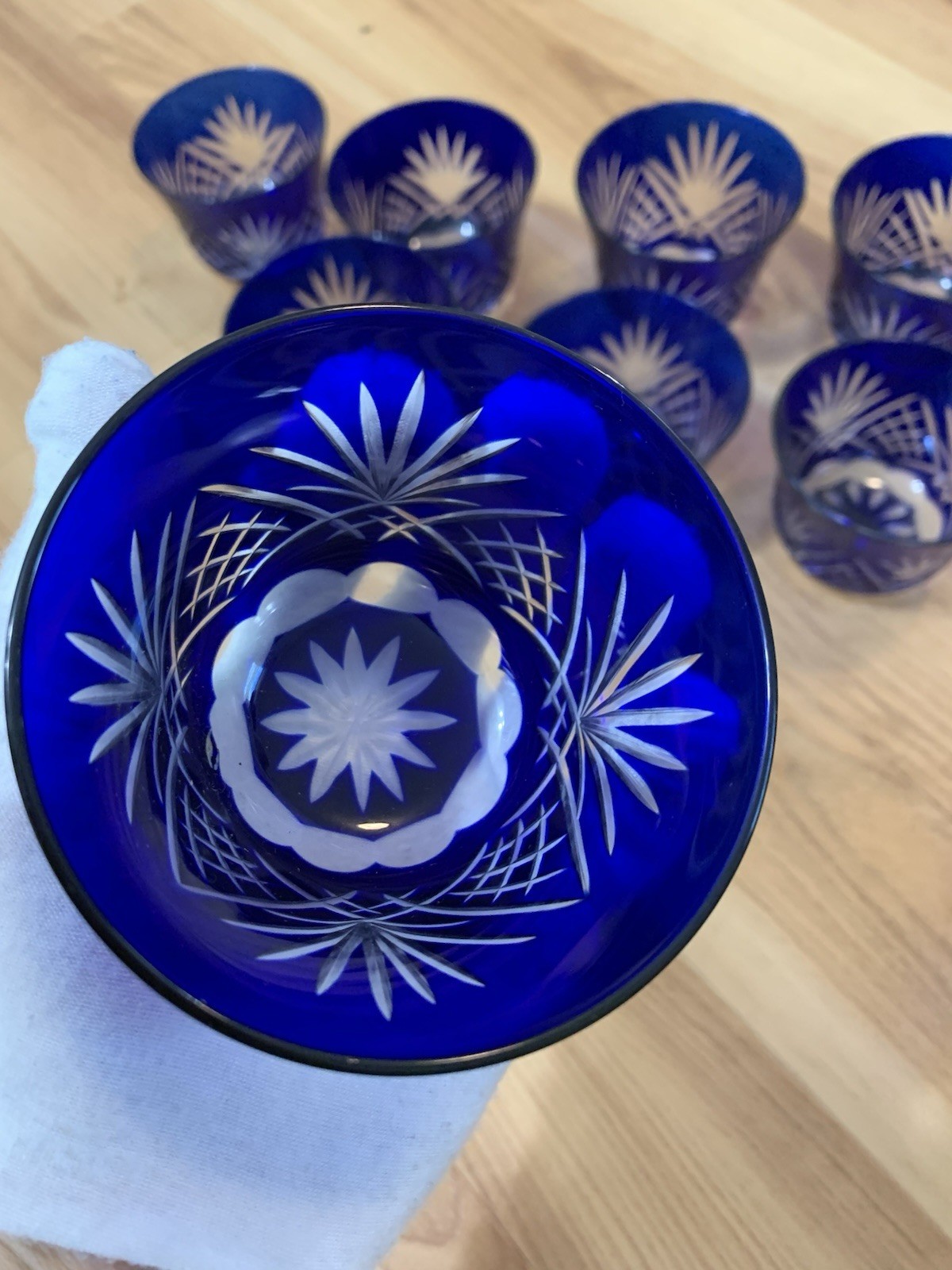 SET OF 8 Cobalt Blue Cut Glass Cups Japanese Kiriko Style Starburst SET OF 8 Cobalt Blue Cut Glass Cups Japanese Kiriko Style Starburst
