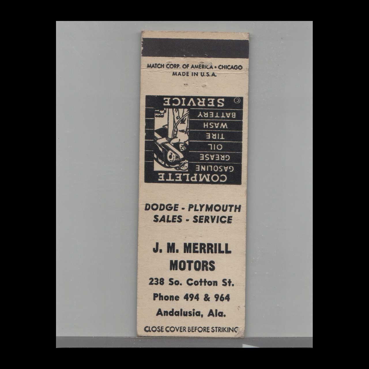 Matchbook Cover Dodge Dealer J.M. Merrill Motors Andalusia, AL