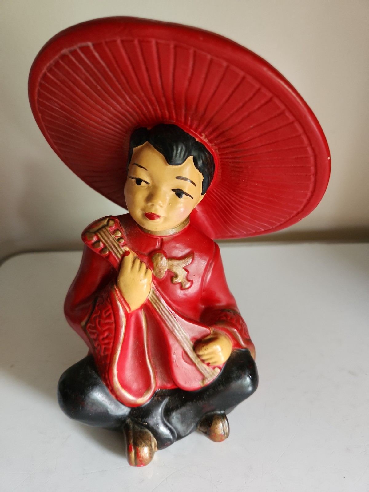 VTG MCM ADORABLE Chalkware  Asian Child Playing Instrument 7