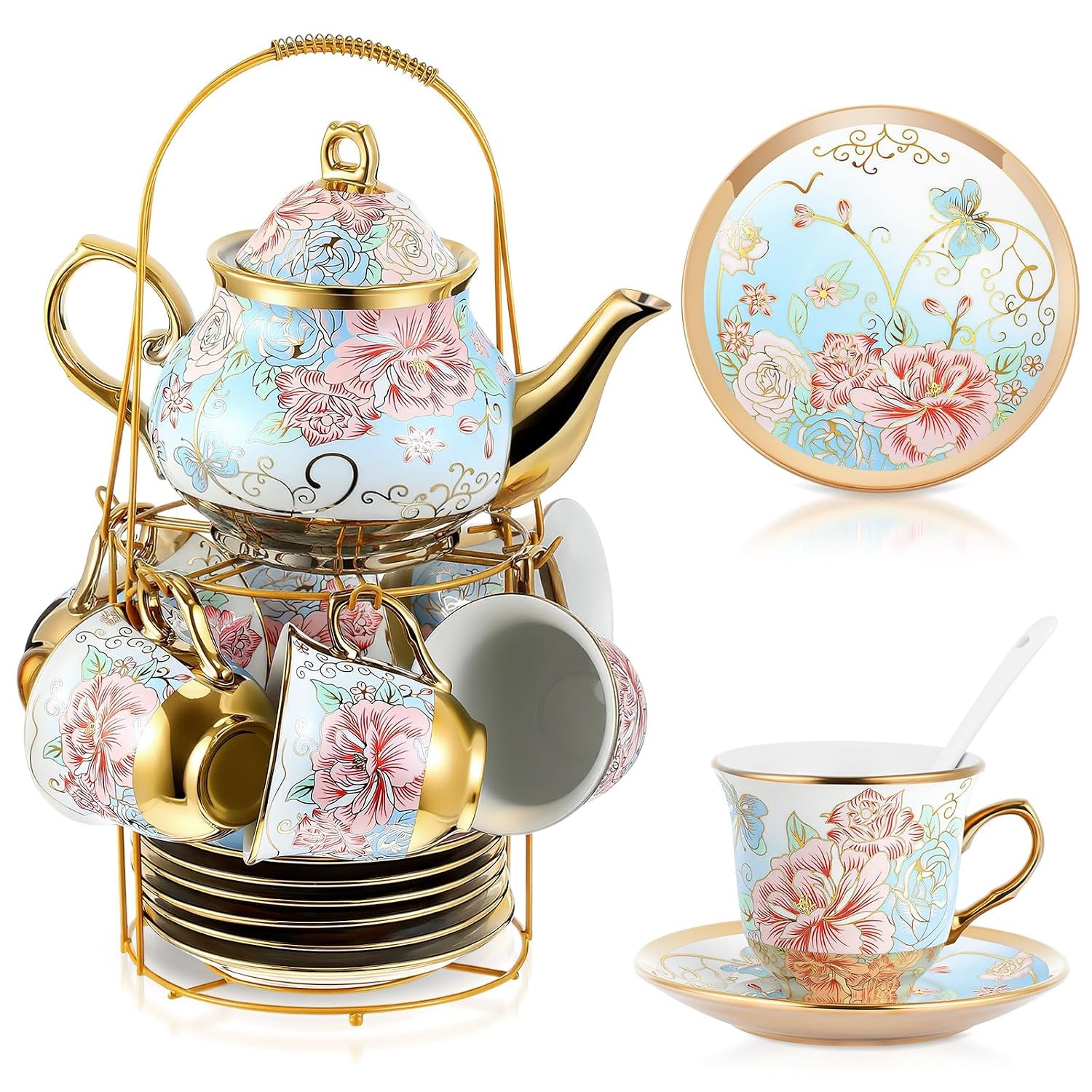 Zhehao 20 Pcs Porcelain Tea Set for Adult, with Metal Holder, Vivid