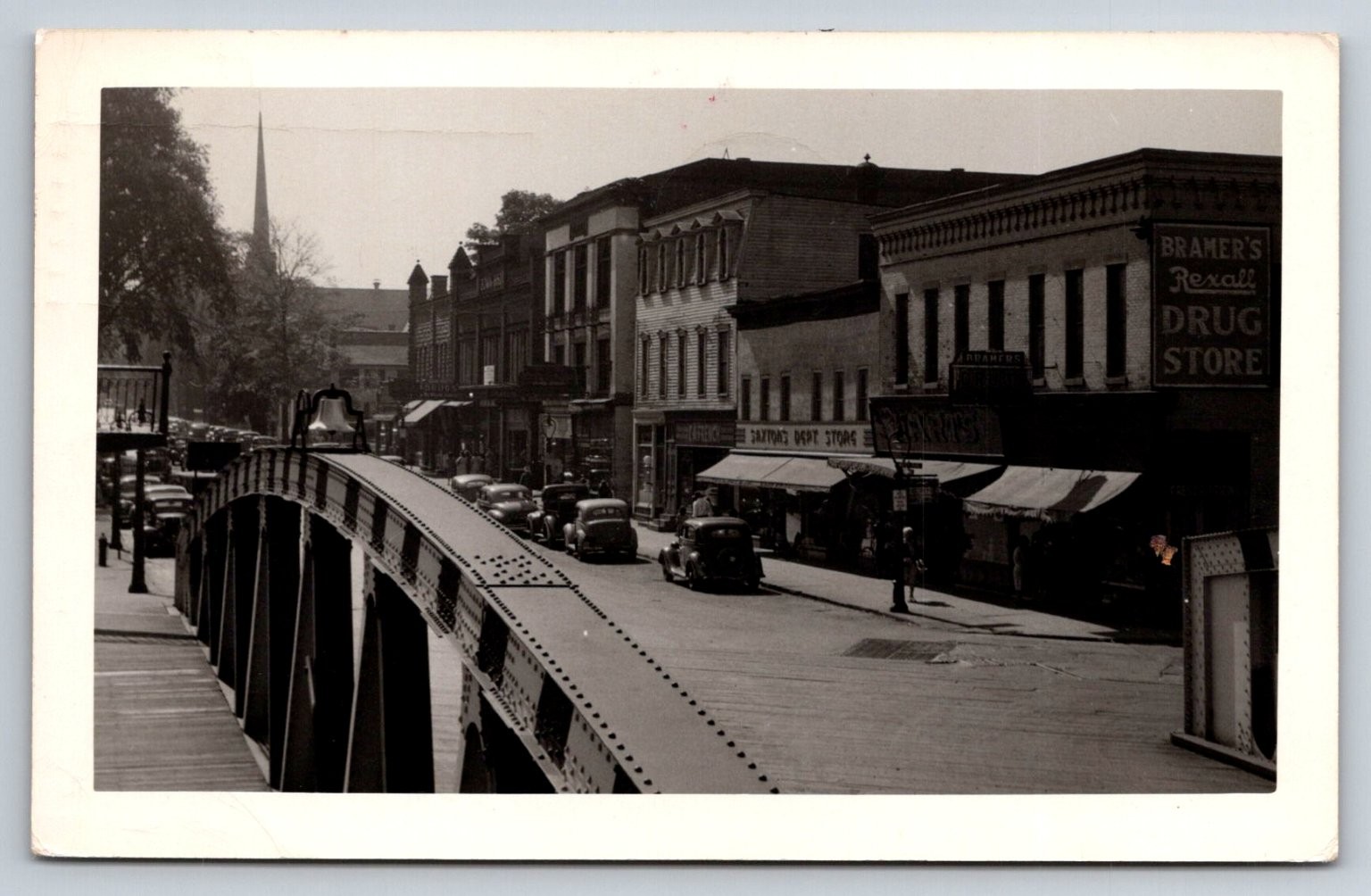 1949 RPPC Rochester NY Fairport Van Dyck Main Street Bridge Cars Drug Store