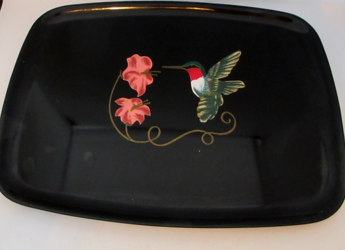 Vintage Hummingbird Couroc of Monterey Tray  Inlaid Black 9x12 CA Rounded Rect.