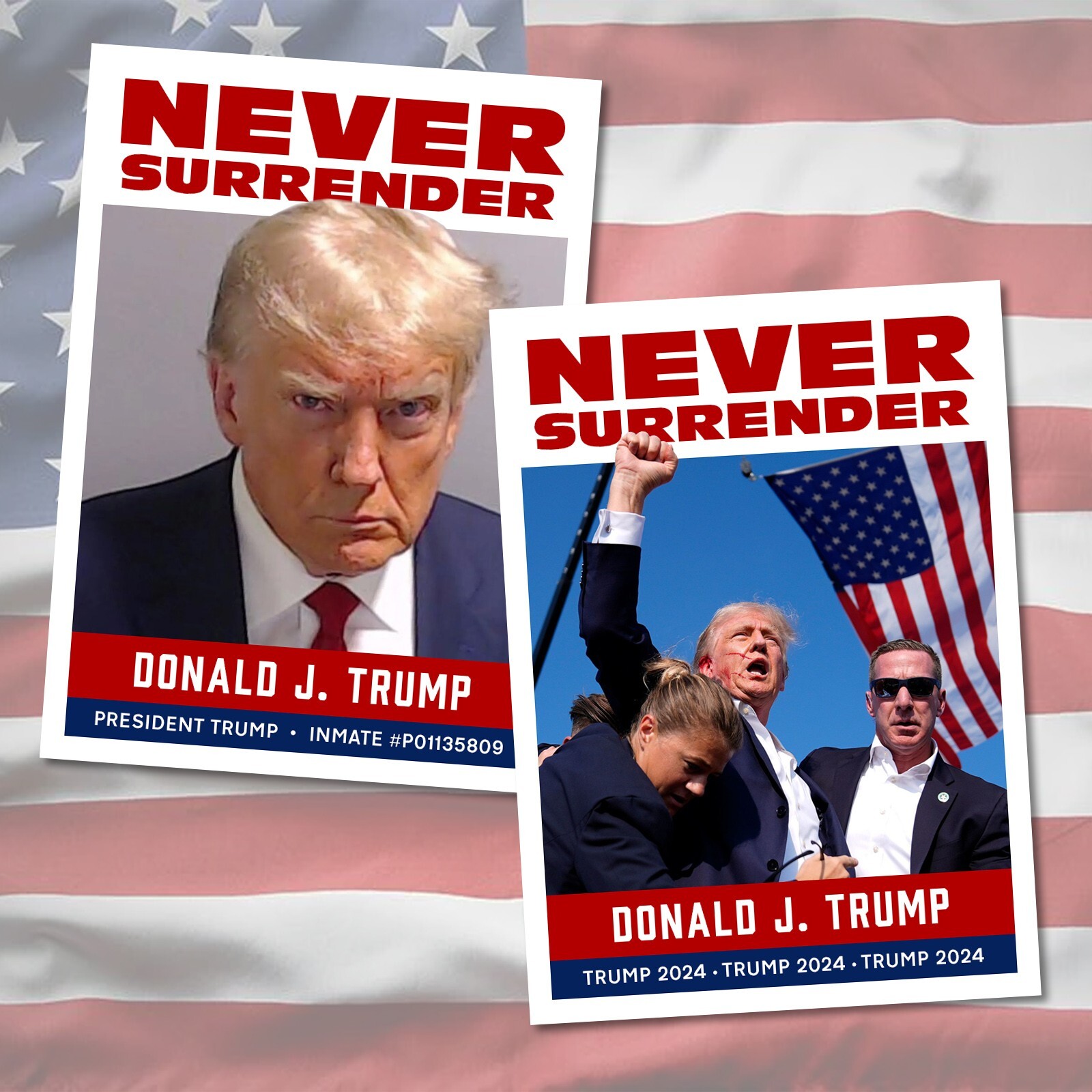 2 PACK Donald Trump 2024 Mugshot Custom Cards With Cases Never Surrender MAGA