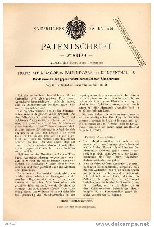 Original patent specification - F. Jacob in Brunndöbra near Klingenthal i.S., 1892, mouth