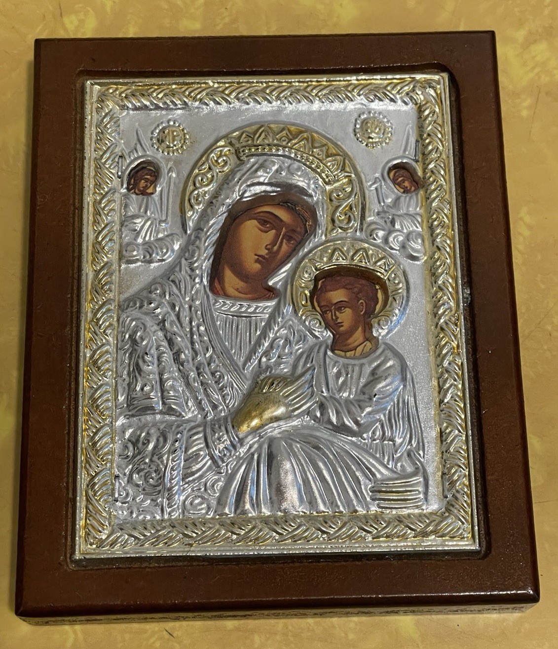 Small Christian Greek Icon Byzantine Icon Virgin and Child Silver Tone Embossed