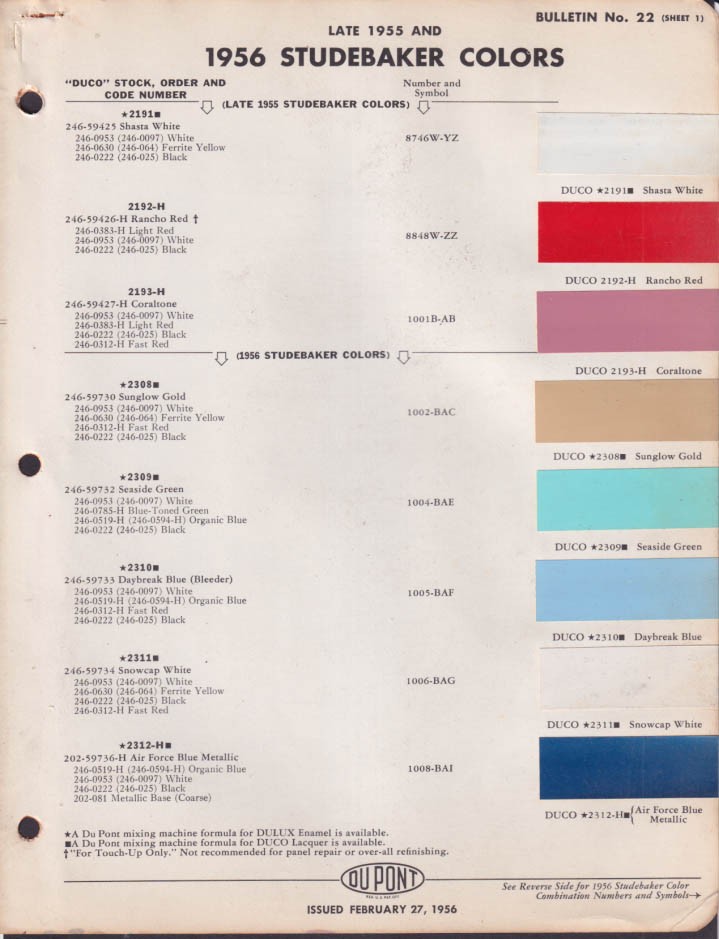 Du Pont Duco Paint Chip Pages: 1956 & Late 1955 Studebaker