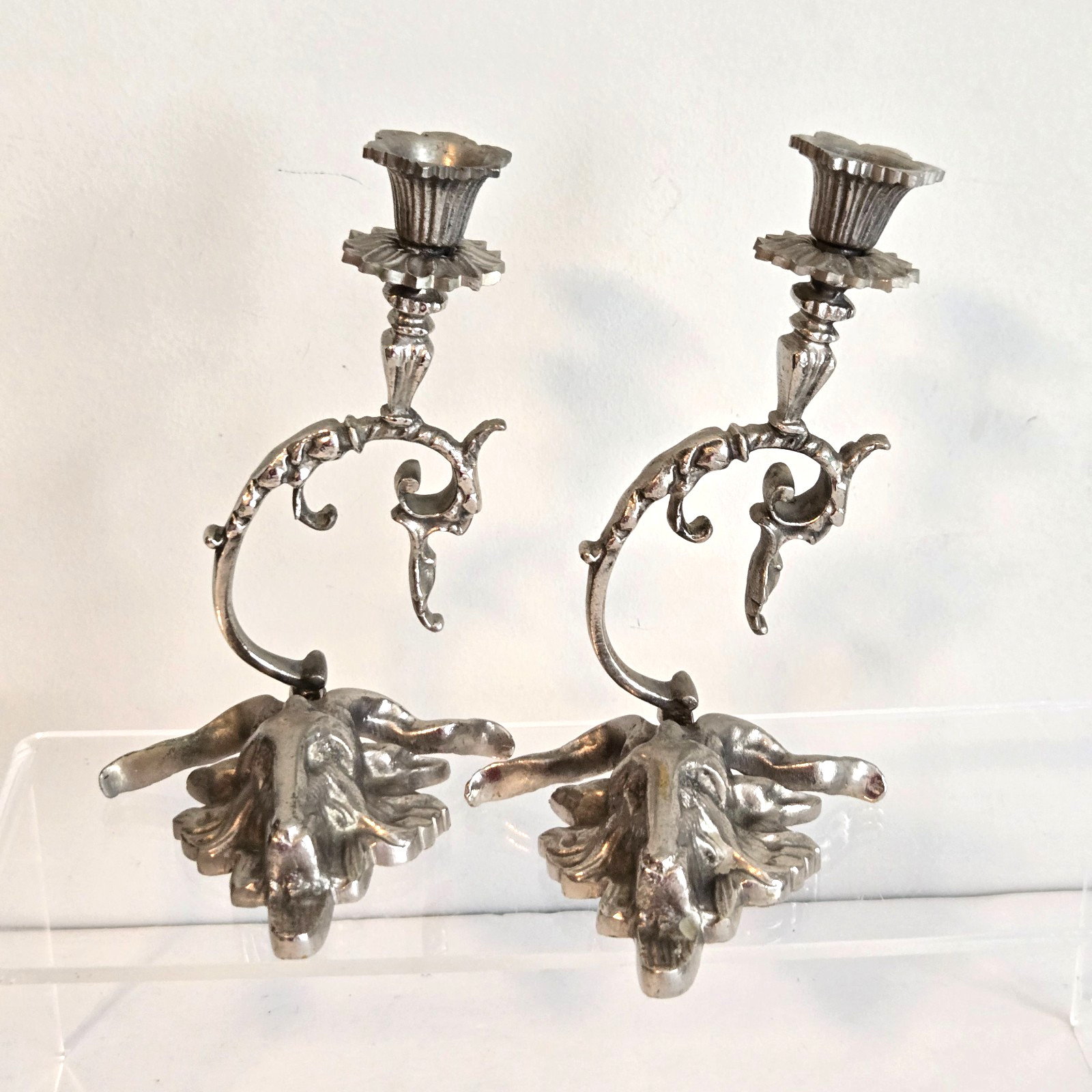 VTG Ornate Victorian Gothic Candlestick Holders Heavy Metal Pewter Goat-Ram RARE