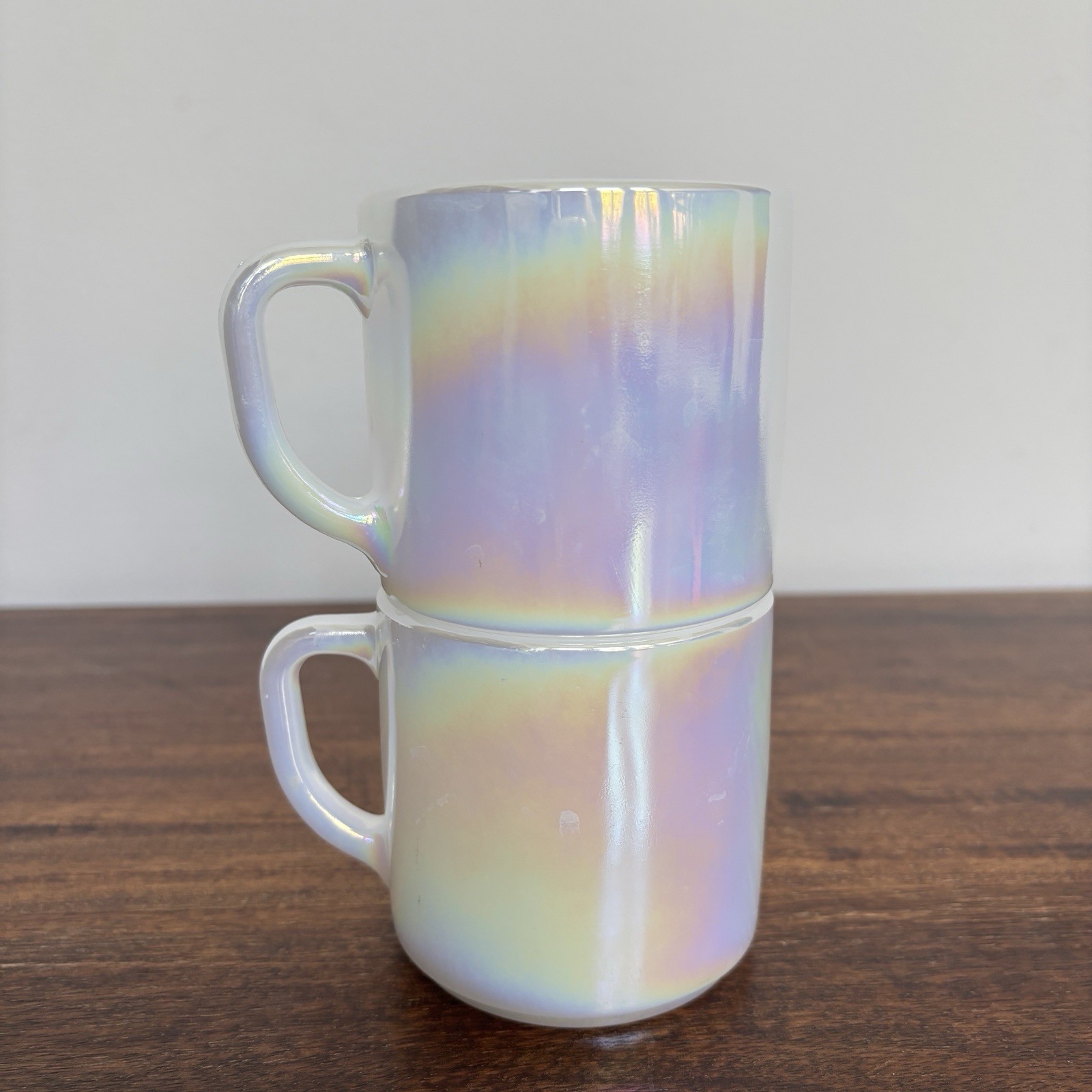 Vintage Federal Moonglow Iridescent Milk Glass Coffee Mugs Tea Cups Set Of 2