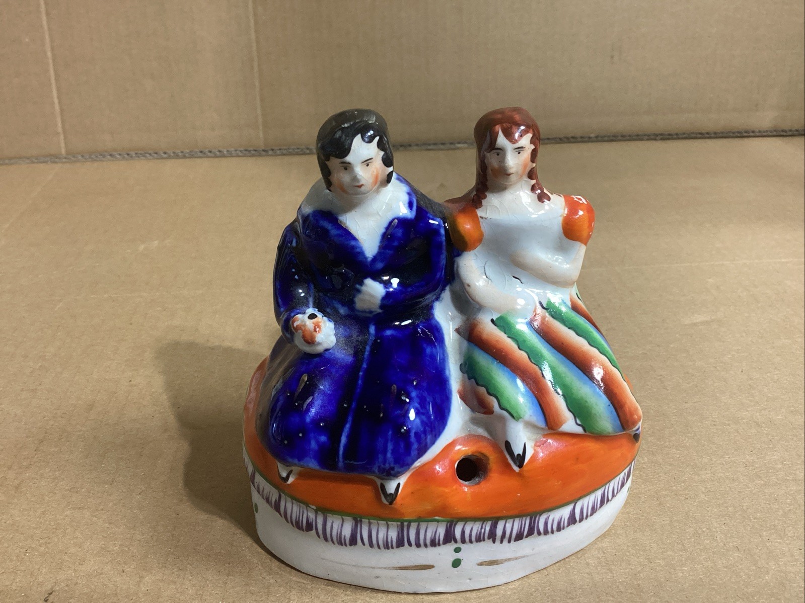 Vintage Staffordshire Happy Young Couple Seated Inkwell, Victorian Era. 4”