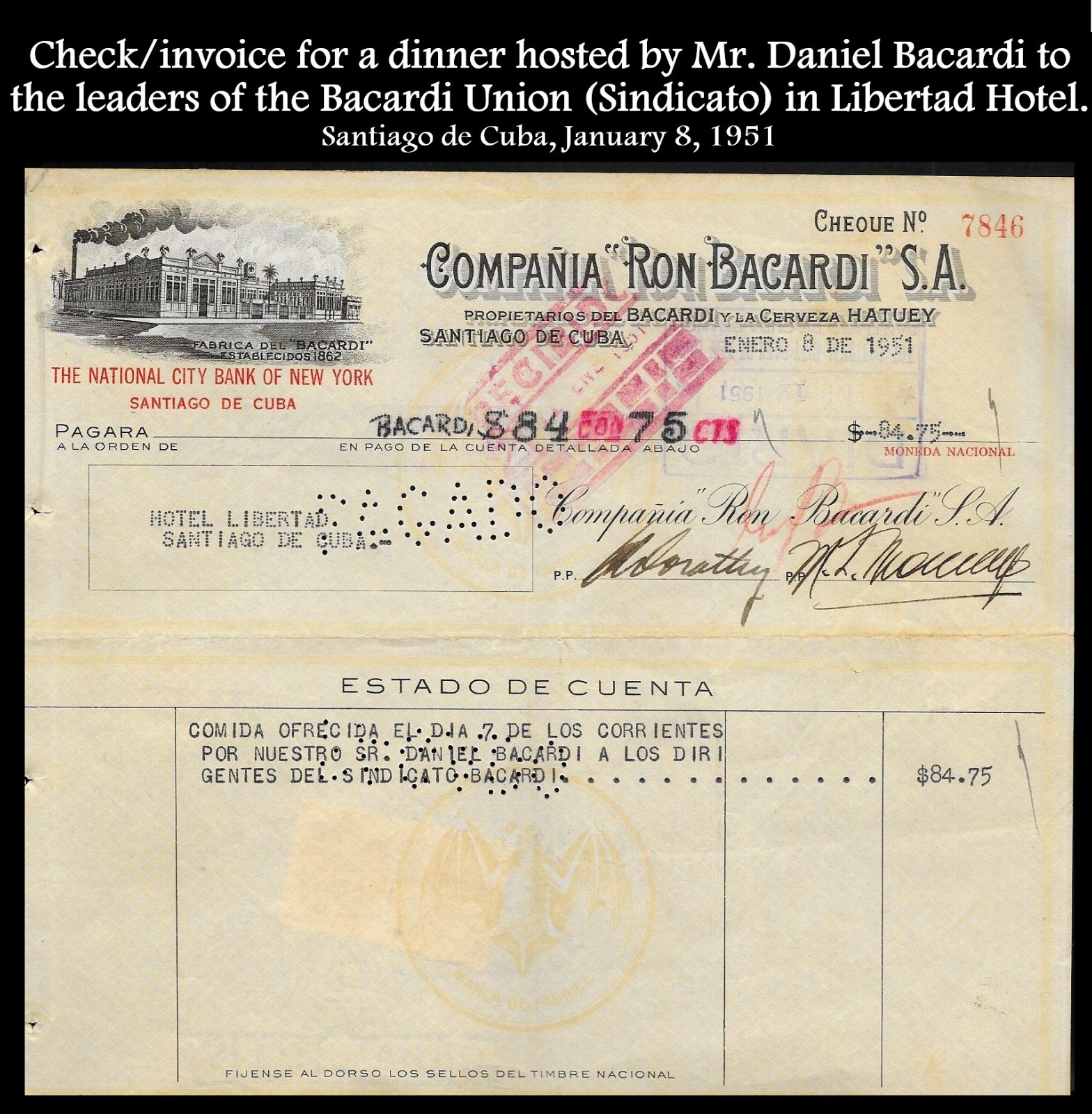 Interesting item Check/invoice for a dinner hosted by Mr. Daniel Bacardi. 1951 Interesting item Check/invoice for a dinner hosted by Mr. Daniel Bacardi. 1951