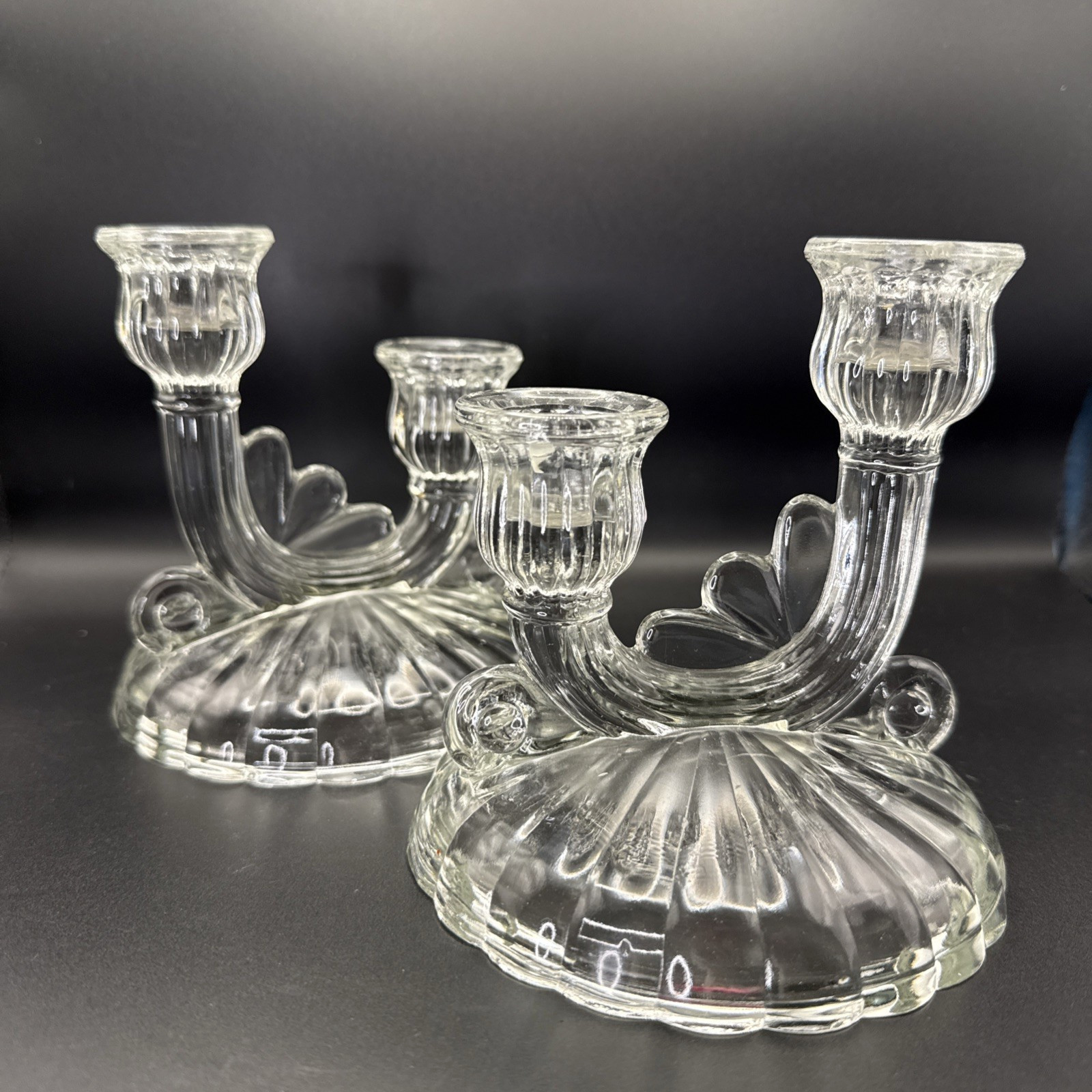 Vintage Jeannette Glass Iris Herringbone double candlestick holder pair clear