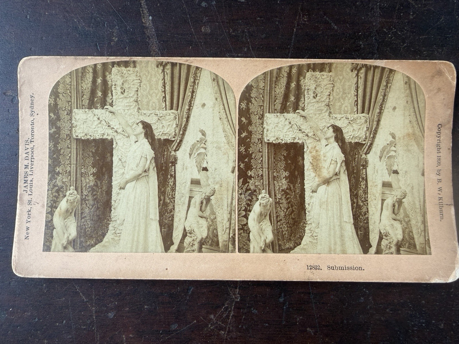 Antique 1899 B.W. Kilburn Stereoview Photo Card #12882 Submission, Woman/Cross