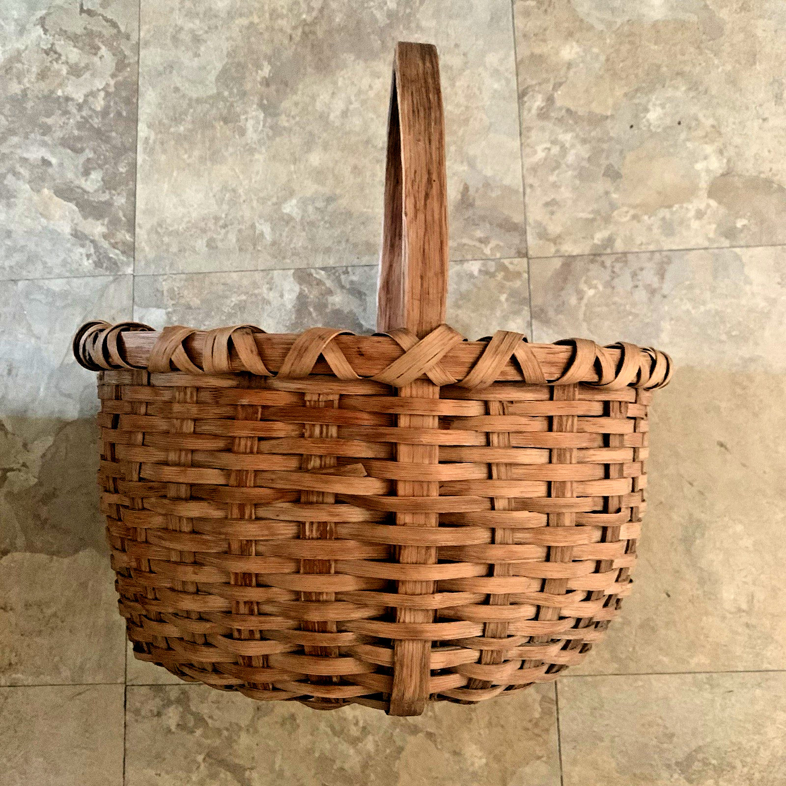 Antique Primitive Hand Made Woven Splint Wood Egg Gathering Picnic Basket