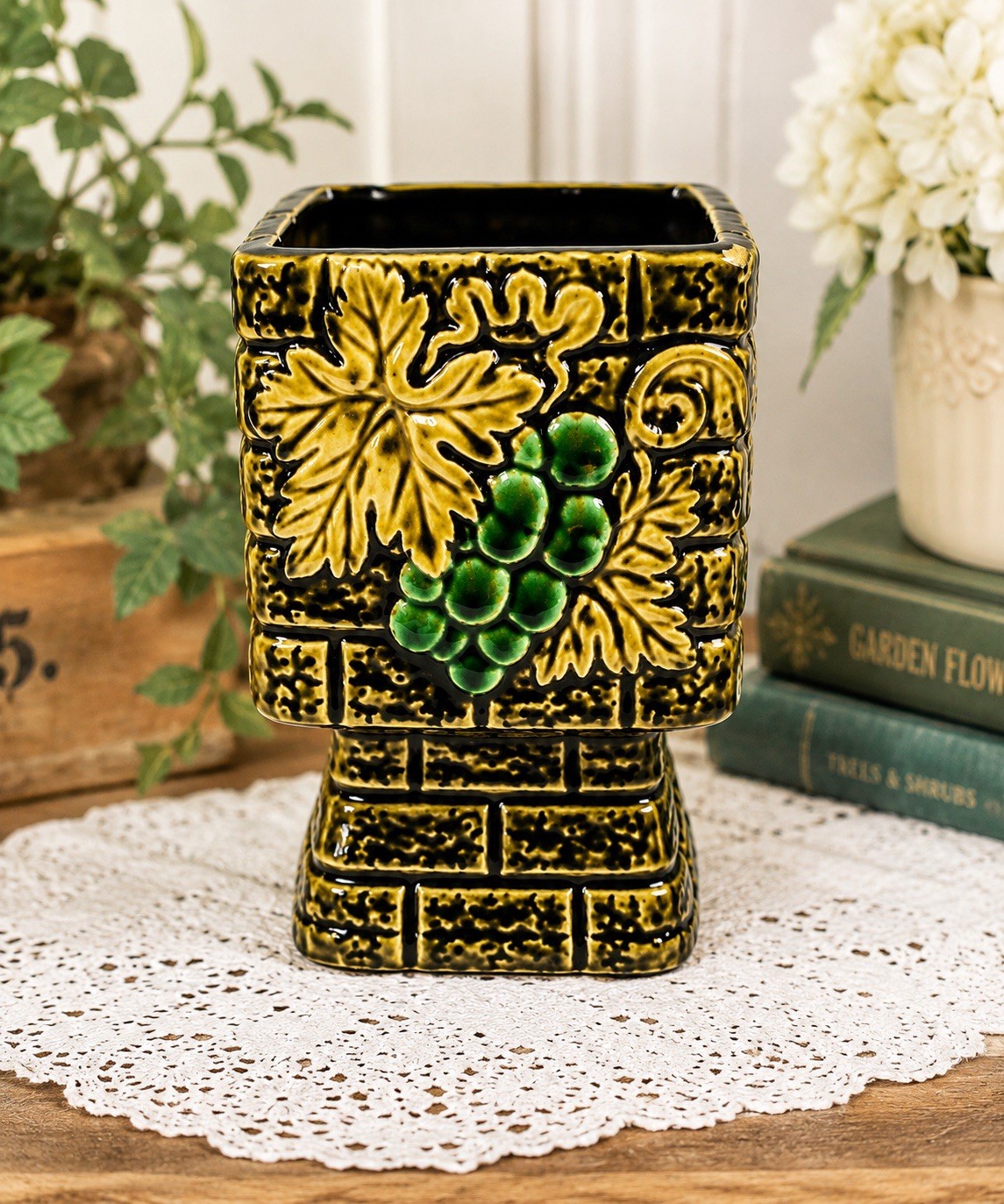 Rubens Original #2286 Vintage Grape Planter Vase Ceramic Japan Pedestal Pot