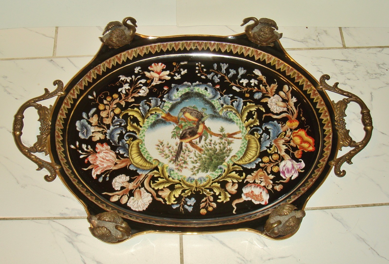Vintage  CASTILIAN BRONZE & PORCELAIN/ENAMEL TRAY W/BIRD & FLORAL MOTIF  24 x 16