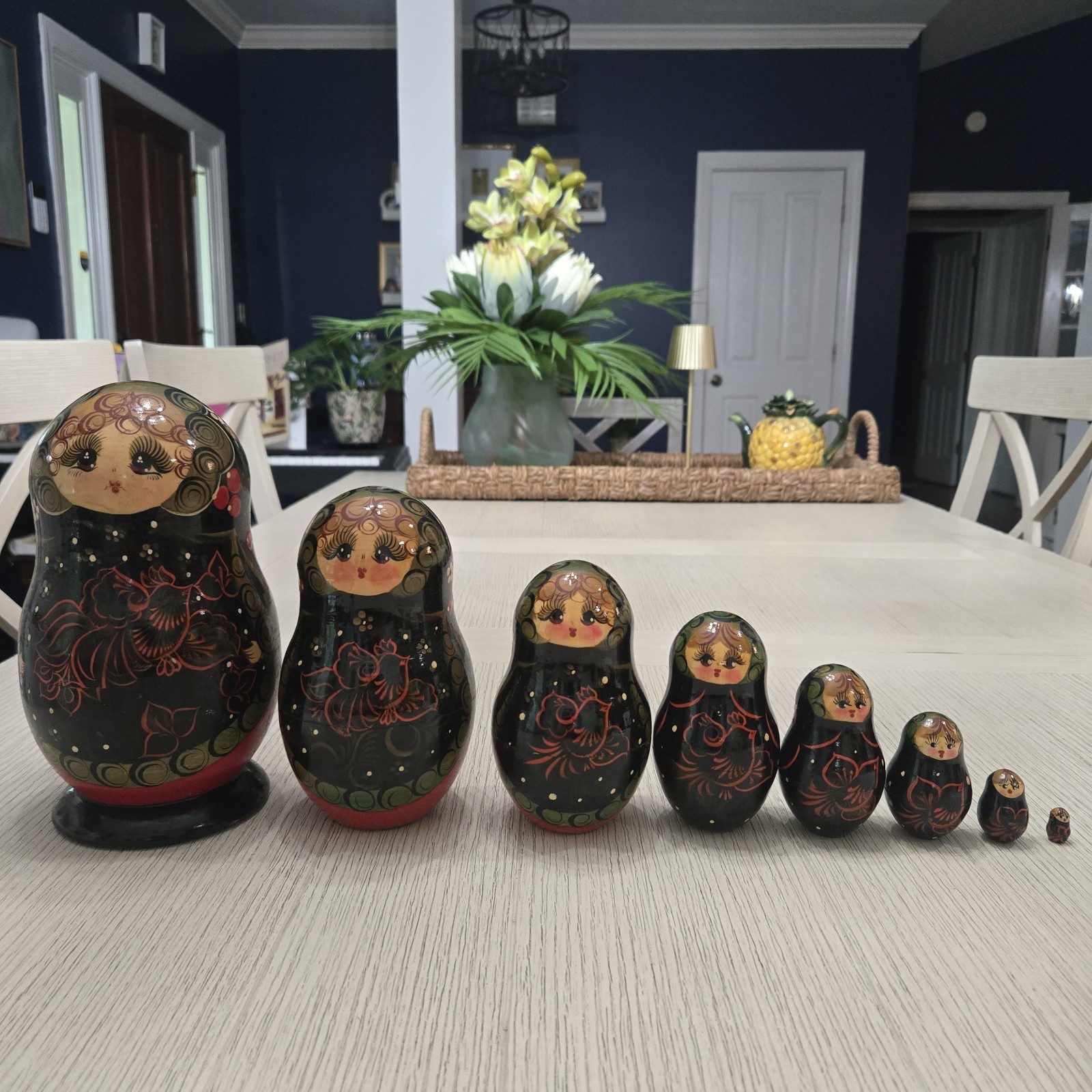 VTG Polish Matryoshka Nesting Doll 8 Pc Set Hand Painted Wooden 9” Inch Signed