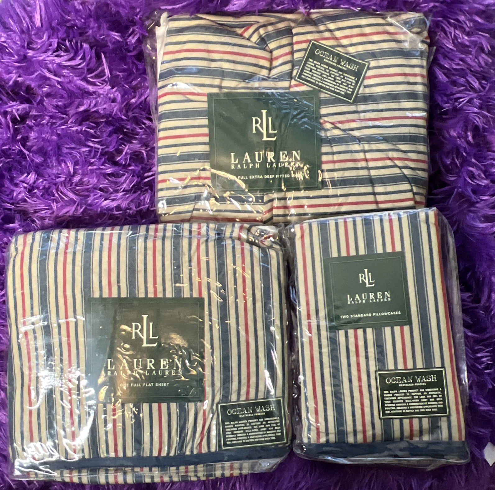 Vtg RALPH LAUREN RED BLUE CHADWICK STRIPE FULL BED SET ITALY USA NEW OLD STOCK Vtg RALPH LAUREN RED BLUE CHADWICK STRIPE FULL BED SET ITALY USA NEW OLD STOCK